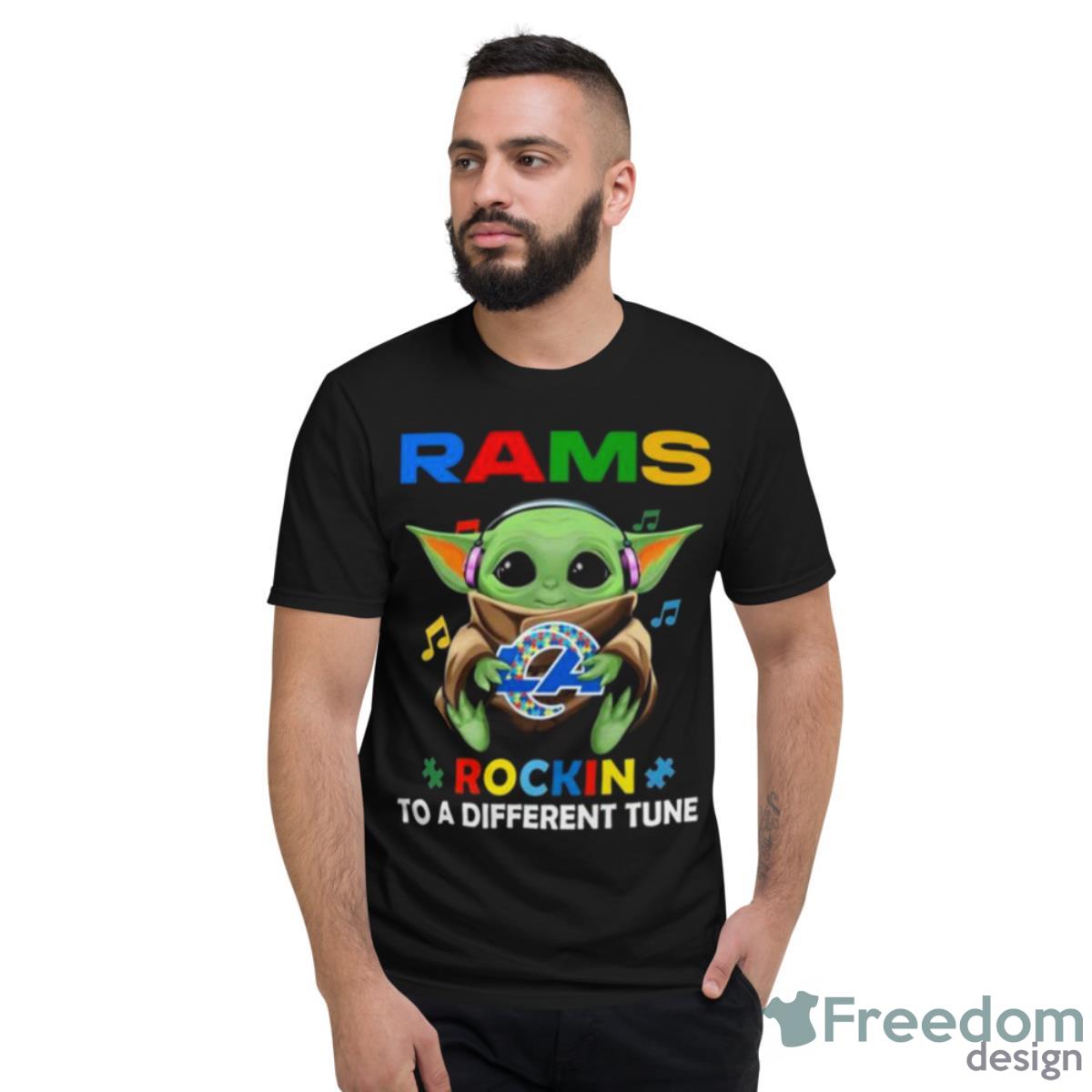 Baby Yoda Hug Los Angeles Rams Autism Rockin To A Different Tune Shirt - Short Sleeve T-Shirt