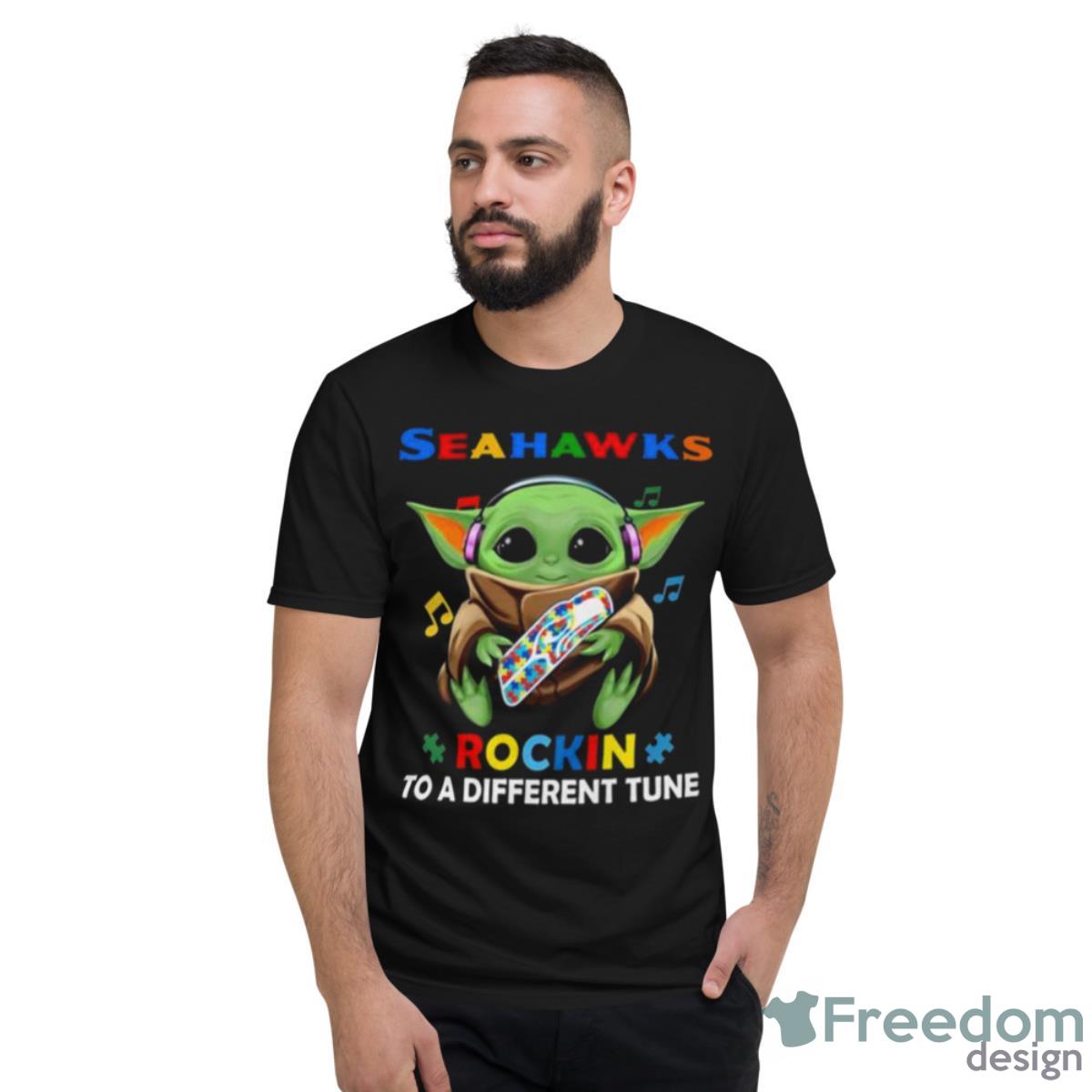 Baby Yoda Hug Seattle Seahawks Autism Rockin To A Different Tune Shirt - Short Sleeve T-Shirt