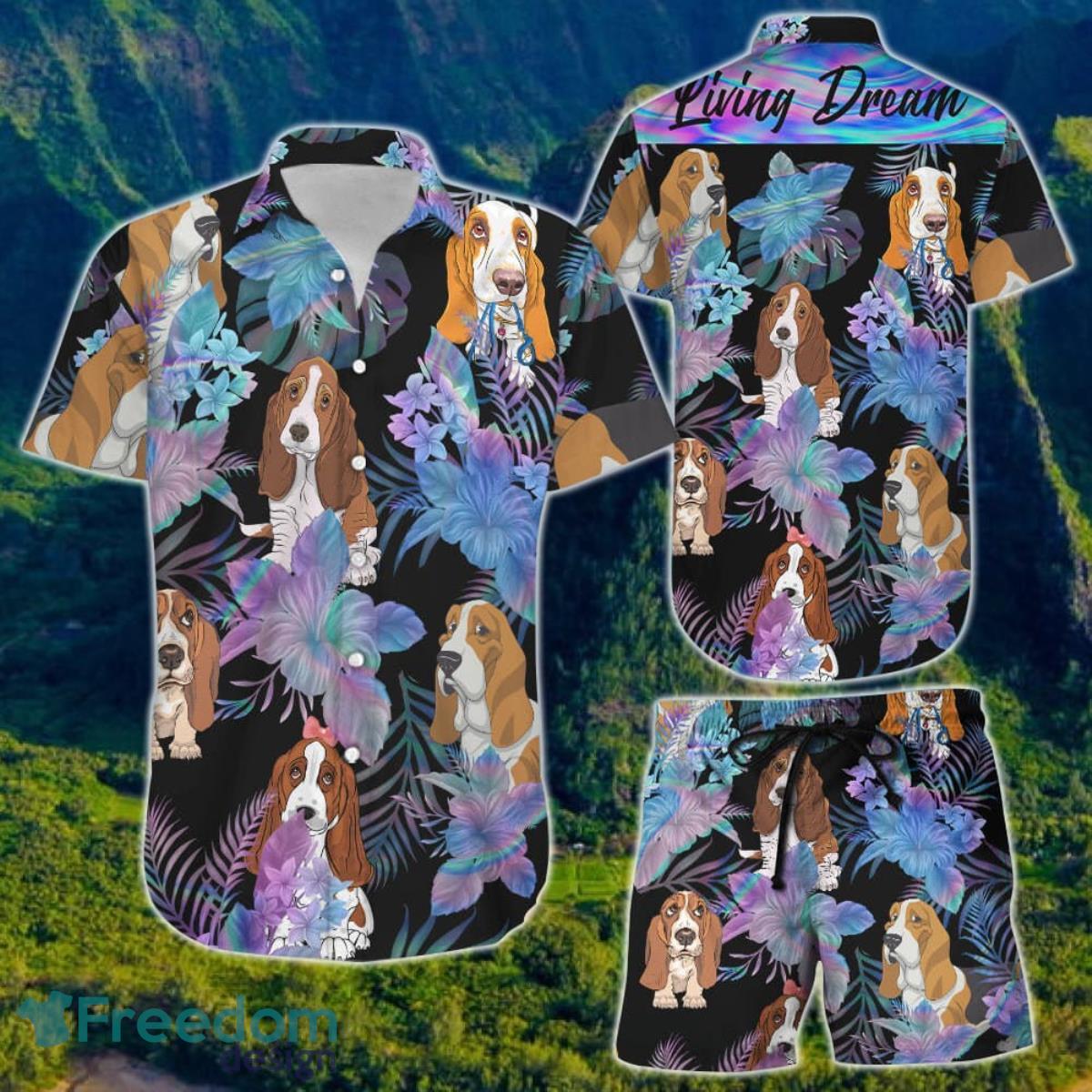 Basset Hound With Tropical Flowers Living Dream Hawaiian Shirt And Short For Men And Women Product Photo 1