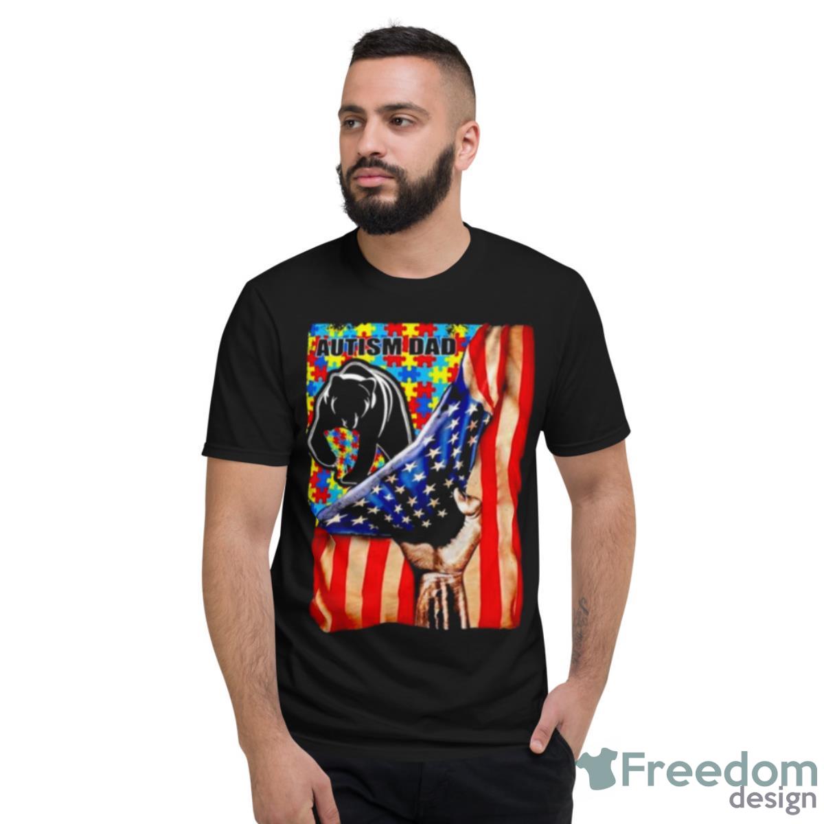 Bear Autism Dad USA Flag Autism Awareness Shirt - Short Sleeve T-Shirt