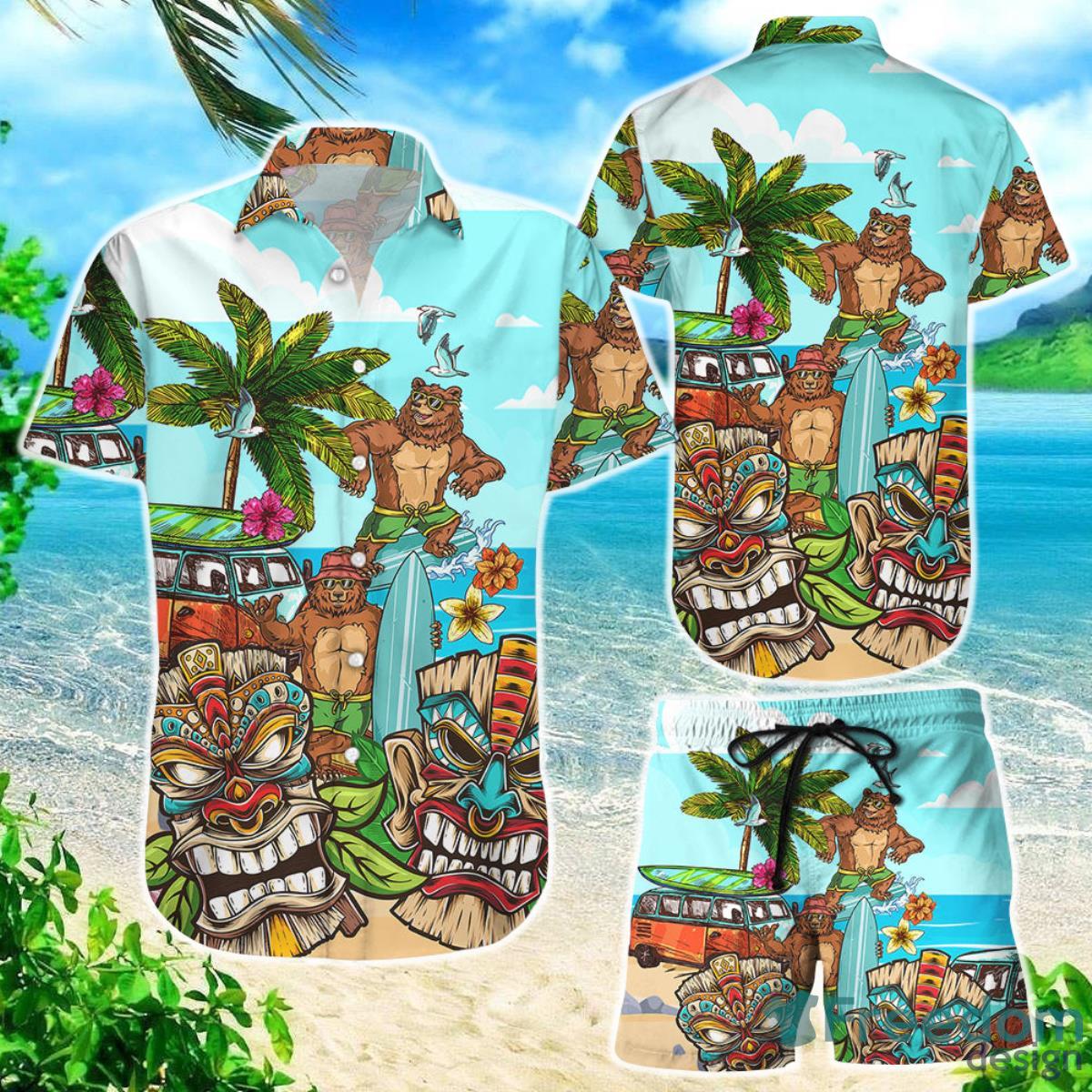 Bear Hawaiian Shirt Bear And Native Tiki Button Down Shirts Tropical Themed Gift Ideas Product Photo 1