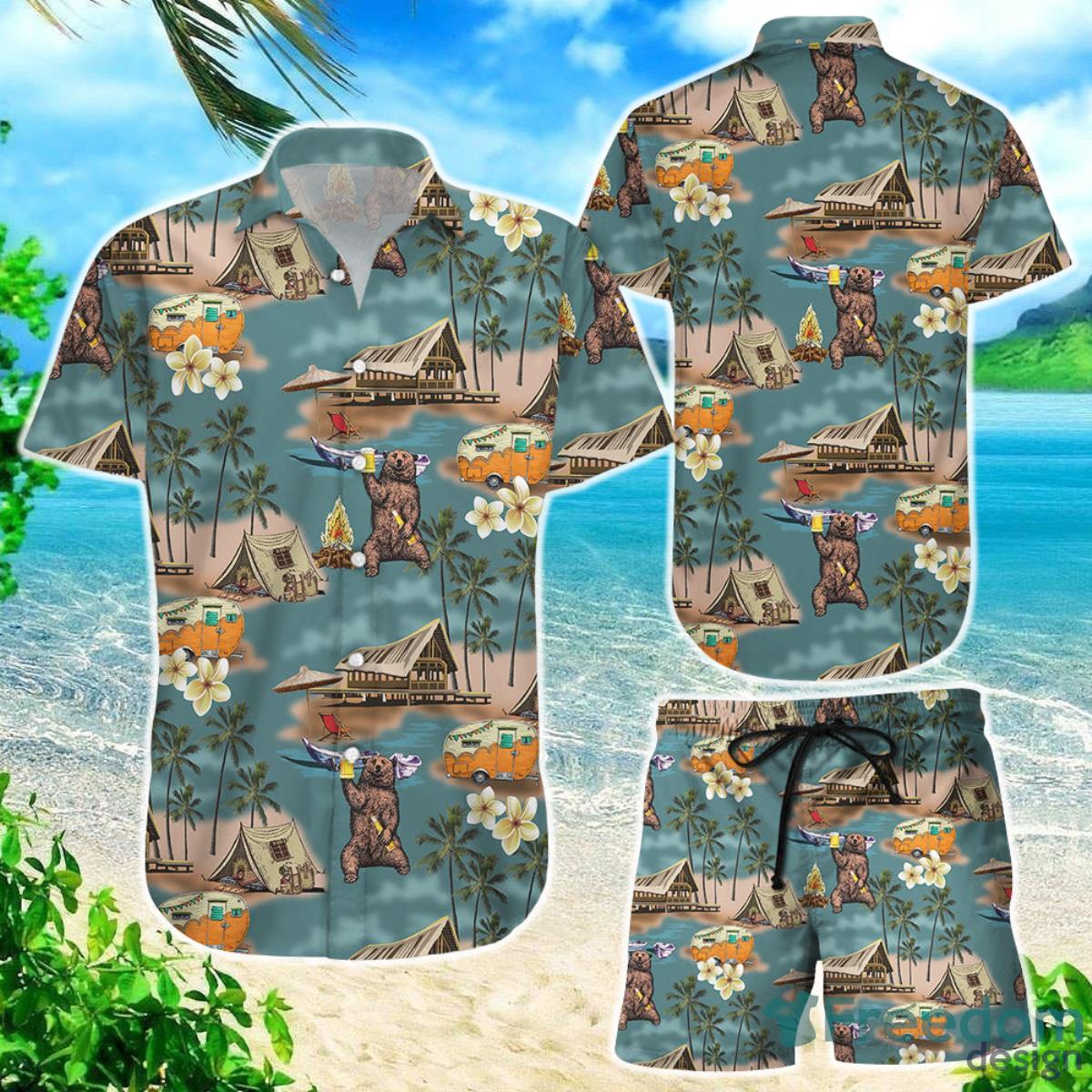 Bear Hawaiian Shirt Bear Drinking Camping Button Down Shirts Best Gift For Summer Camp Product Photo 1
