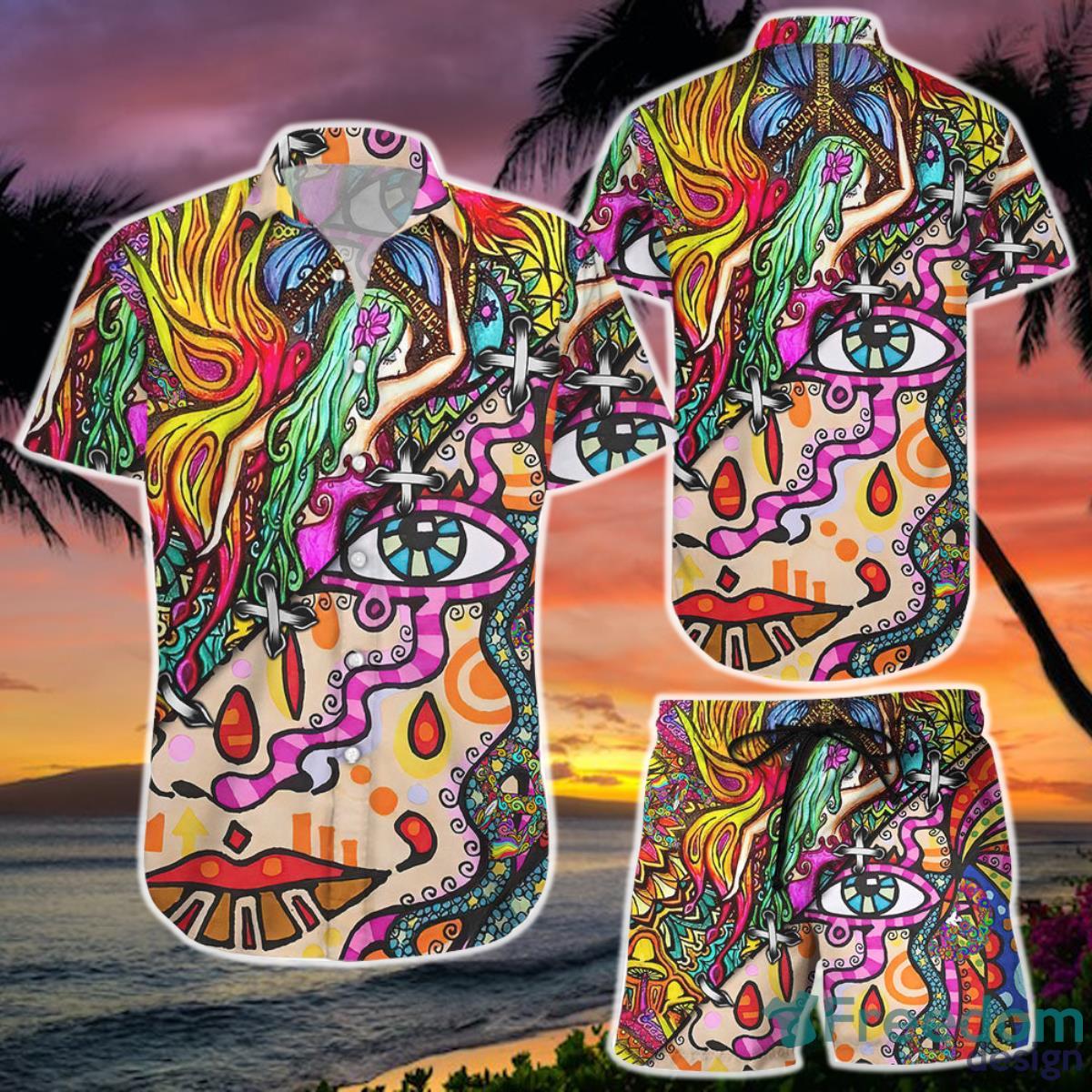 Beauty Girl Sleep Hippies Peace Button Down Hawaii Shirt and Short Beach Vacation Themed Gifts Product Photo 1