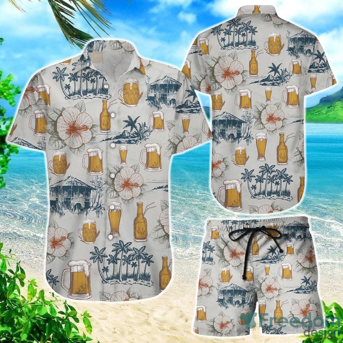 Beer Hawaiian Shirt Coconut Tree With Hibicus Background Aloha Gift Ideas Product Photo 1