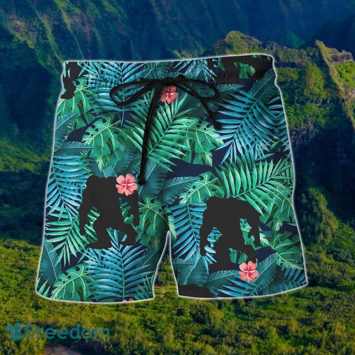 Bigfoot Shape Summer Beach With Red Floral Hawaii Shirt And Short For Men And Women Product Photo 2