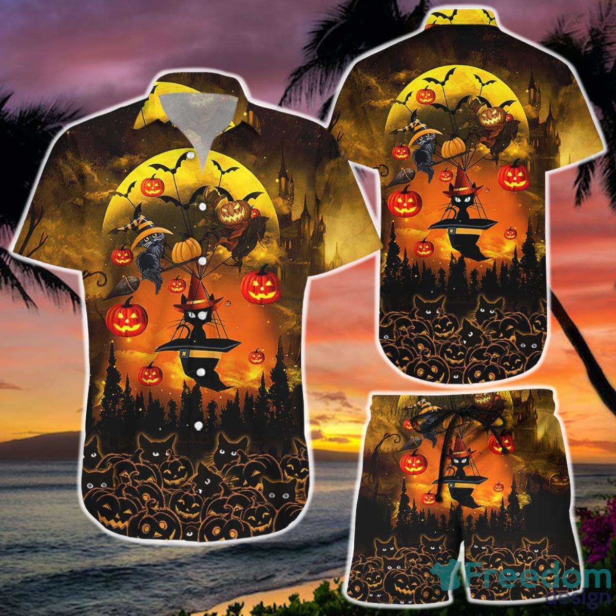 Black Cat Pumpkin Halloween Fly To Moon Hawaii Shirt  and Short Halloween Candy Presents Product Photo 1