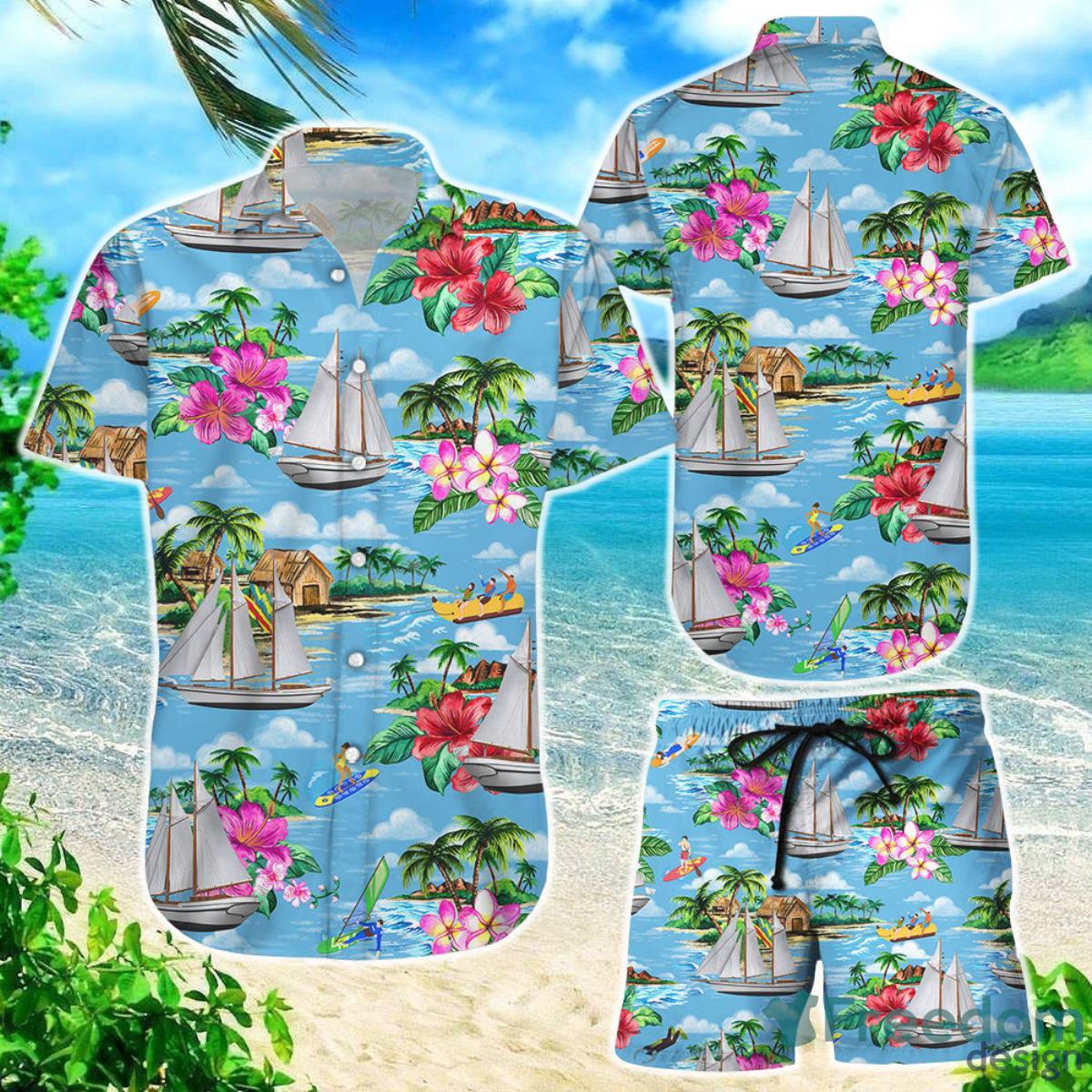Boat Hawaiian Shirt Blue Sailing Boat On The Beach Summer Holiday Presents Product Photo 1