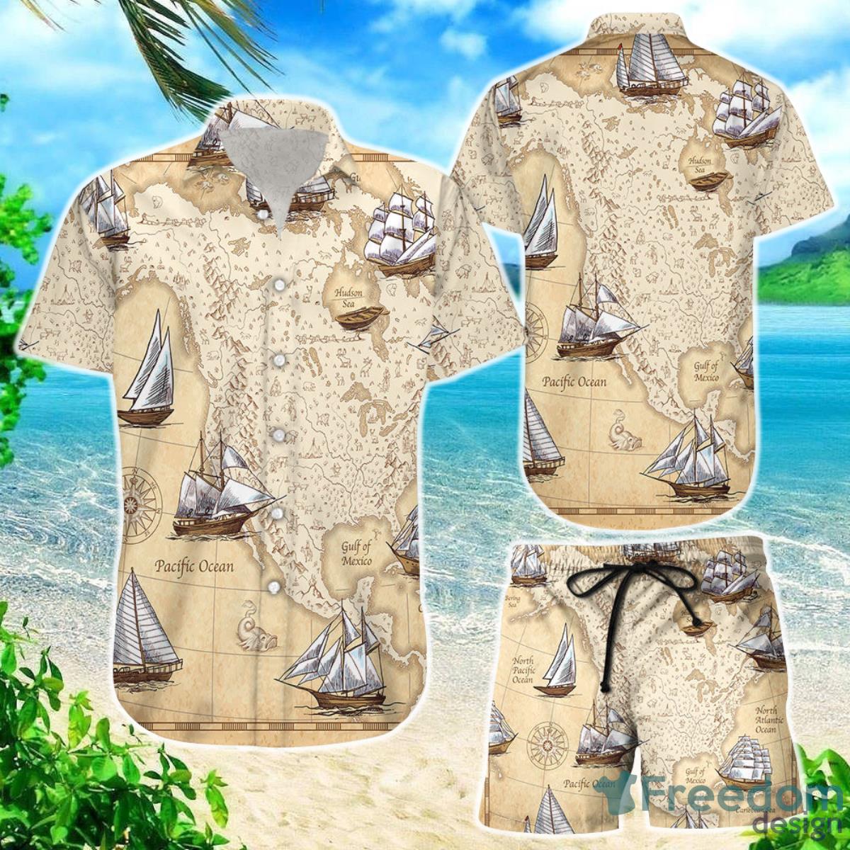 Boat Hawaiian Shirt Map Sailing Boat Vintage Presents For Summer Holidays Product Photo 1