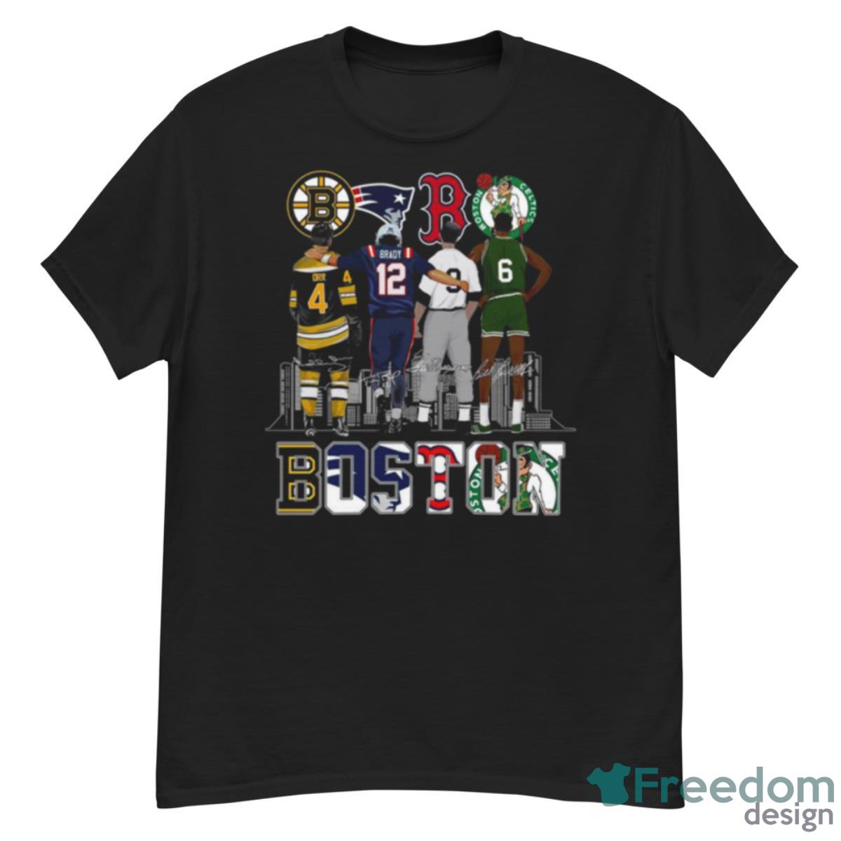 Boston Bruins New England Patriots Boston Red Sox And Boston Celtics Skylines Signatures 2023 Shirt - G500 Men’s Classic T-Shirt