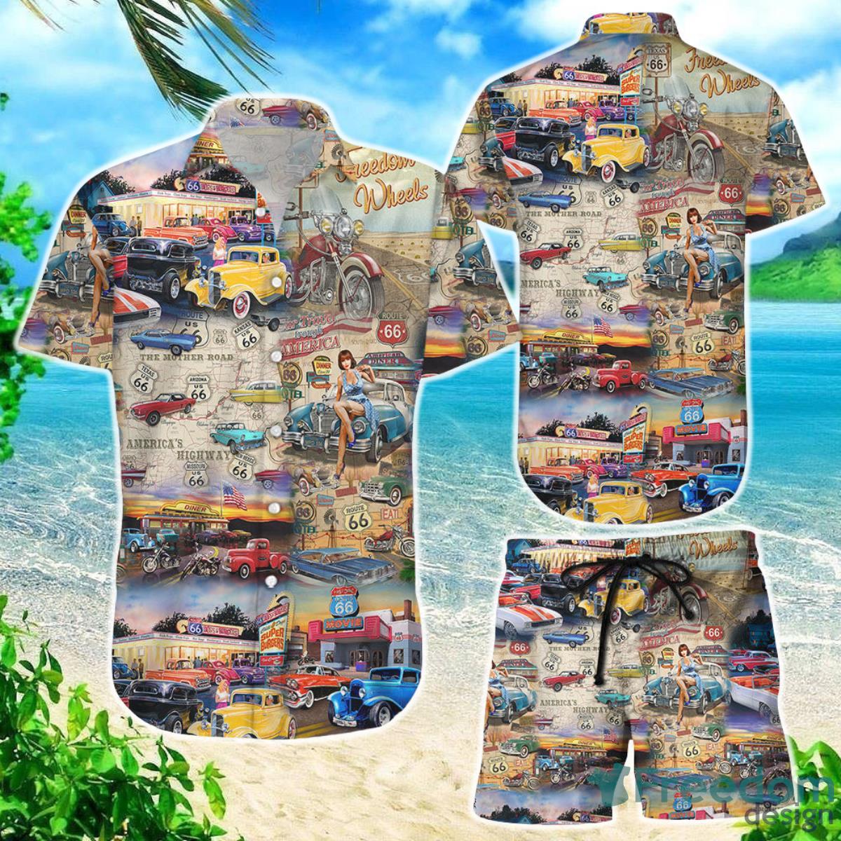 Car Print Hawaiian Shirt Route 66 Car Vintage Button Down Shirts Gift For Vintage Car Lovers Product Photo 1