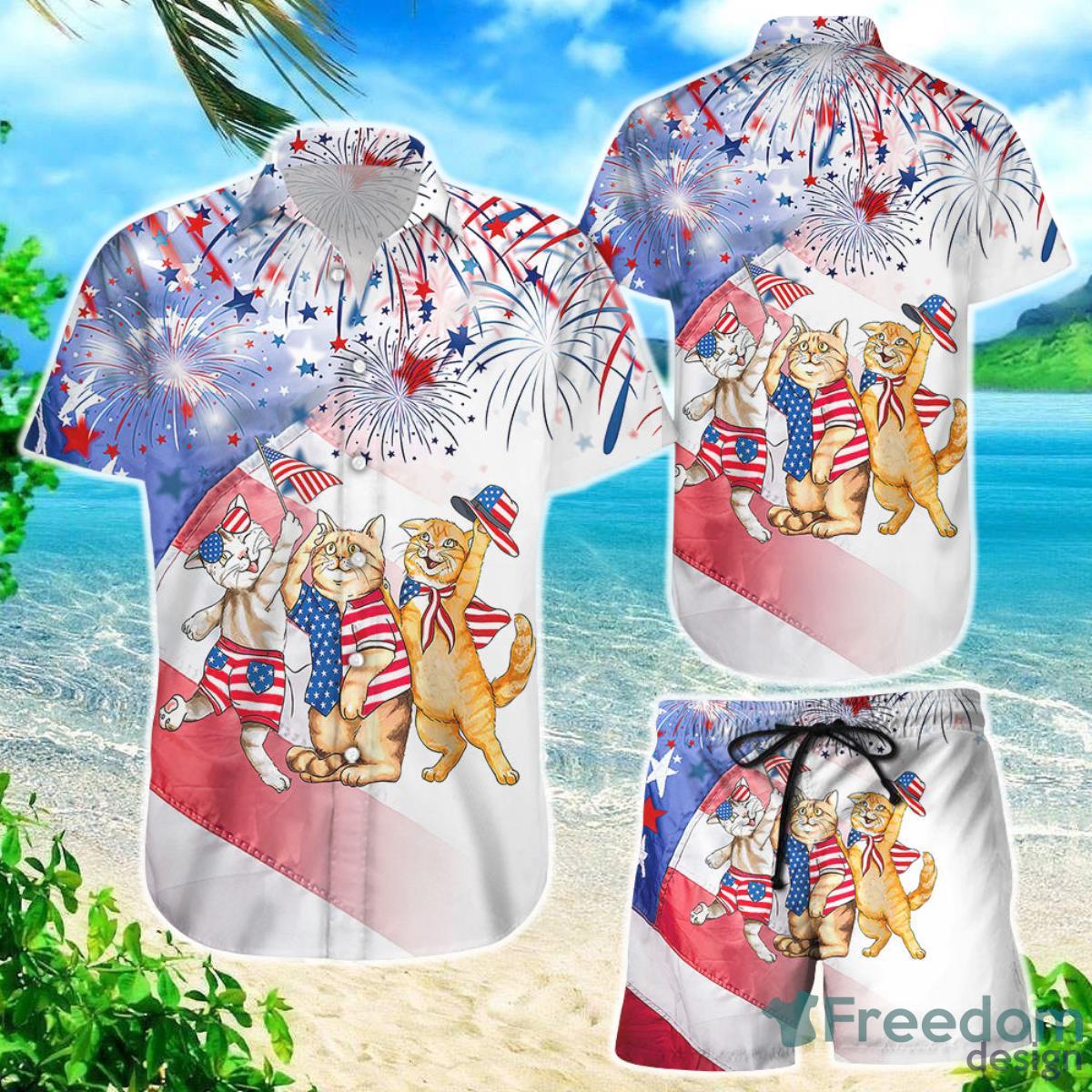 Cat Hawaiian Shirt Shorthair Cat With Firework 4th Of July Day Fourth Of July Presents Product Photo 1