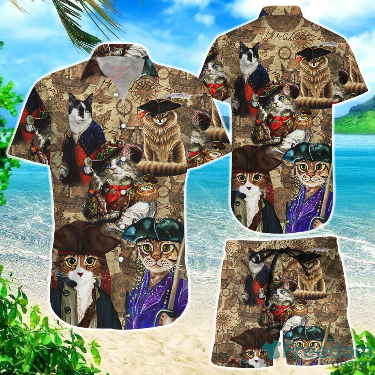 Cat Pirates Hawaiian Shirt Funny Pirates Cat Background Button Down Shirts Beach Themed Gift Ideas Product Photo 1