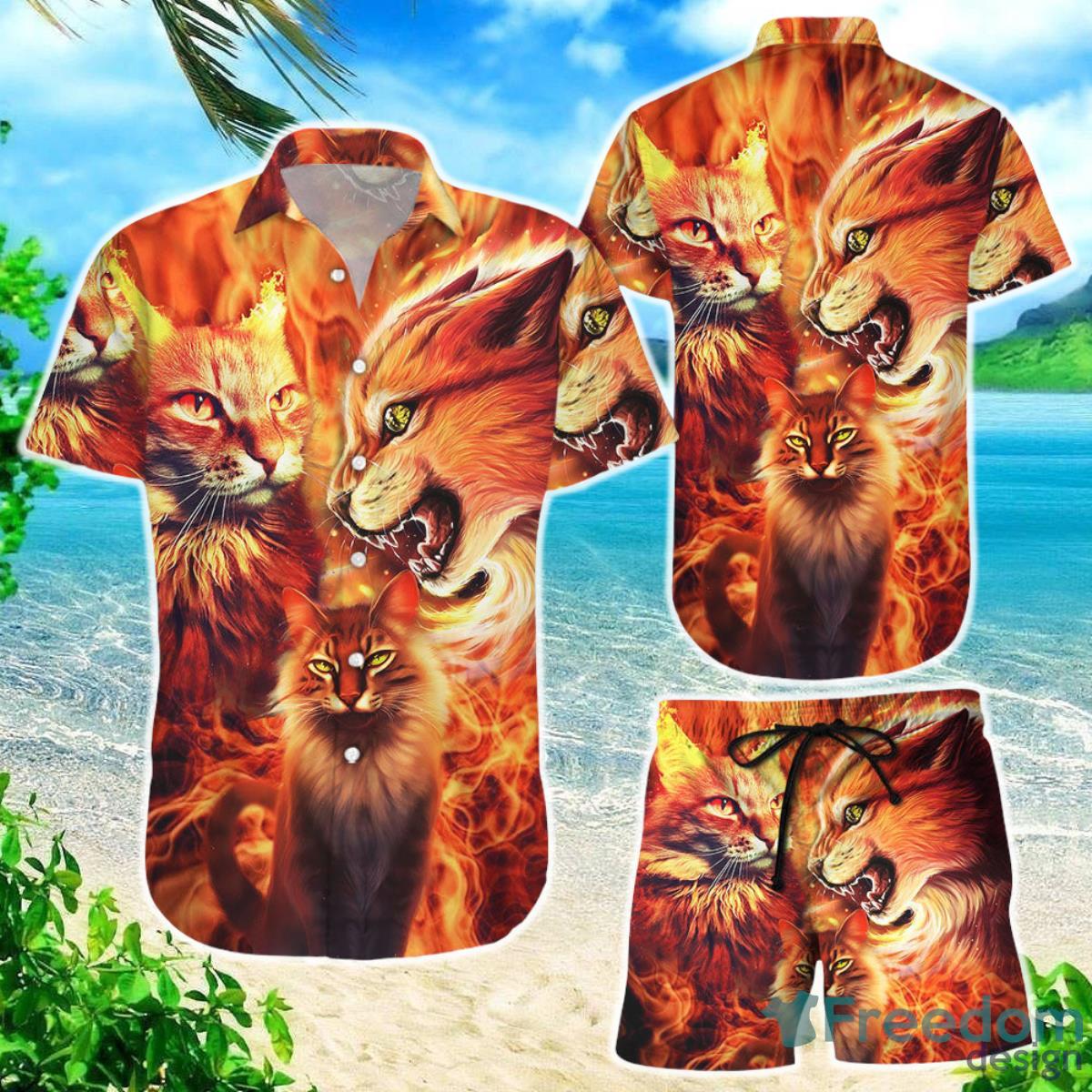 Cat Themed Hawaiian Shirt Angry Cat Fire Button Down Shirts Unique Gift For Cat Lovers Product Photo 1