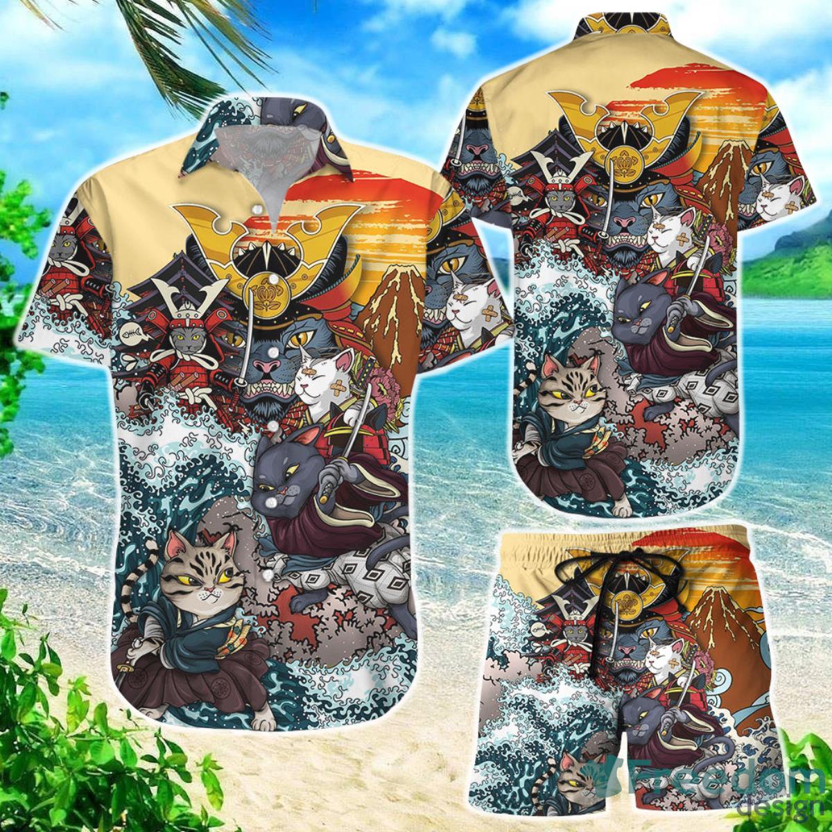 Cat Themed Hawaiian Shirt Cat Samurai Button Down Shirts Funny Gift Ideas For Cat Lovers Product Photo 1
