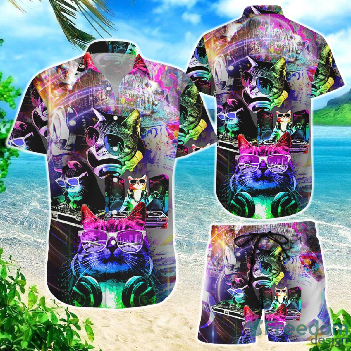 Cat Themed Hawaiian Shirt Colorful Cat DJ Button Down Shirts Best Gift For Cat Lovers Product Photo 1