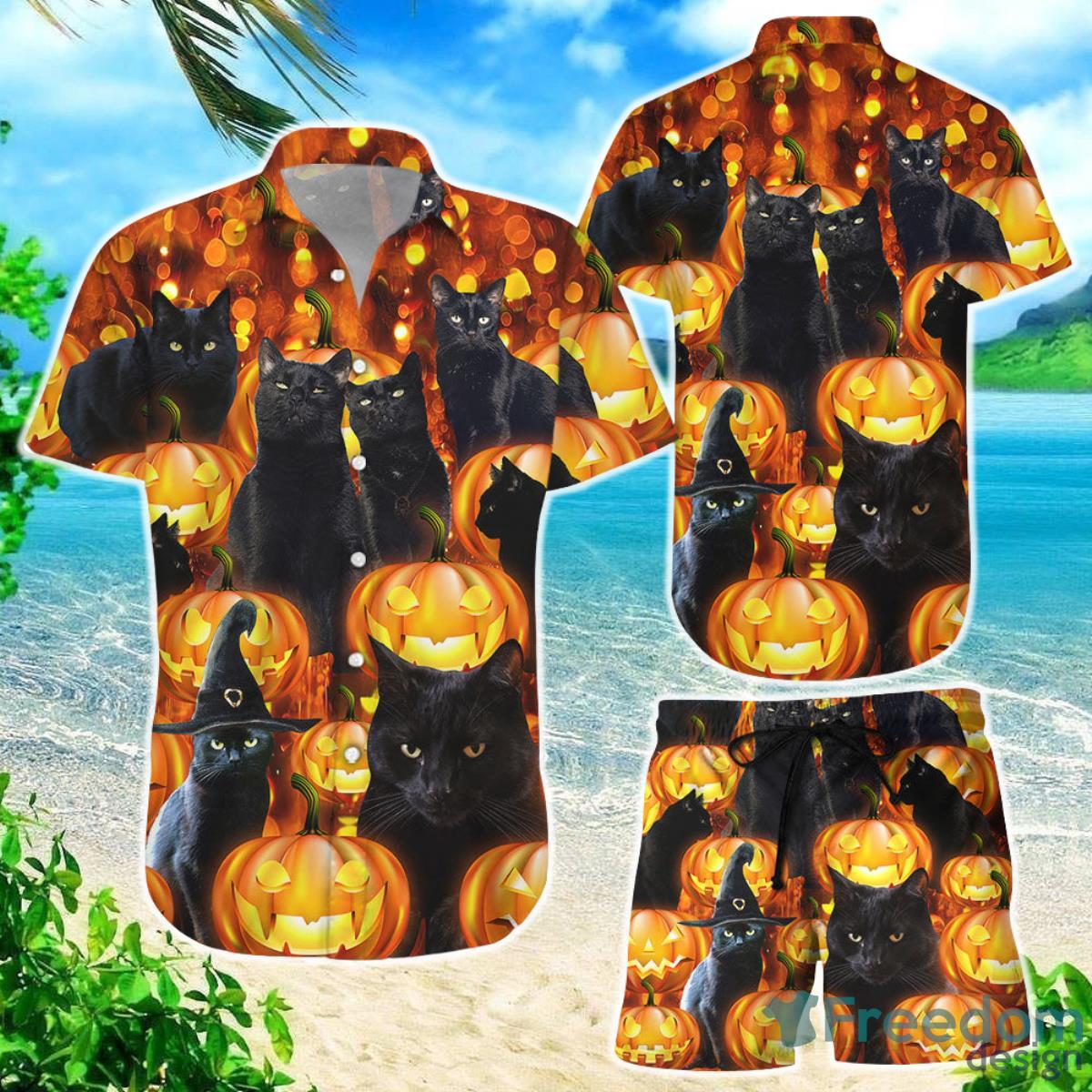 Cat Witch ShirtCat And Scary Halloween Pumpkin Hawaiian Shirt Spooky Presents Product Photo 1