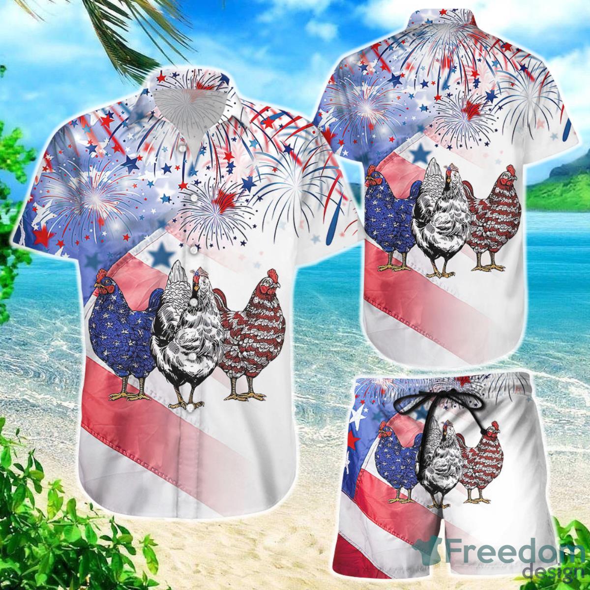 Chicken With Firework 4th Of July Independence Day Hawaii Shirt And Short Chicken Presents Product Photo 1