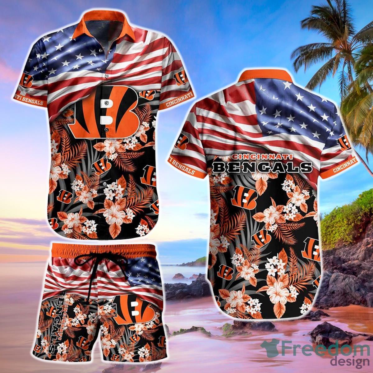 Cincinnati Bengals NFL Hawaiian Shirt And Short Summer Tropical Pattern US Flag Best Gift For Sports Product Photo 1