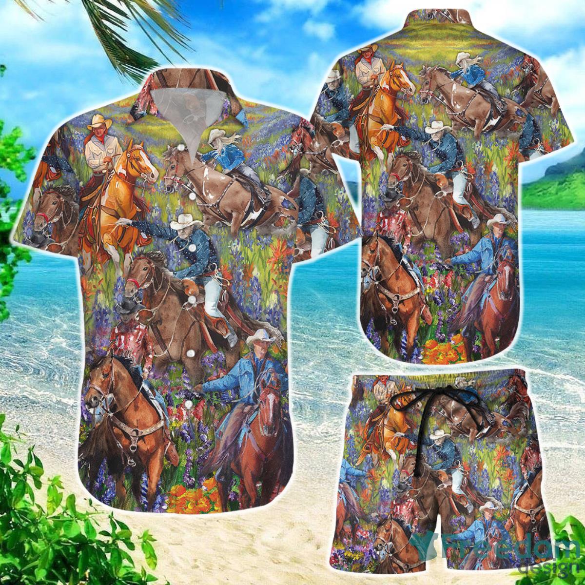 Cowboy Hawaiian Shirt Cowboy Riding Horse With Garden Flowers Hawaii Shirt Cowboy Presents Product Photo 1