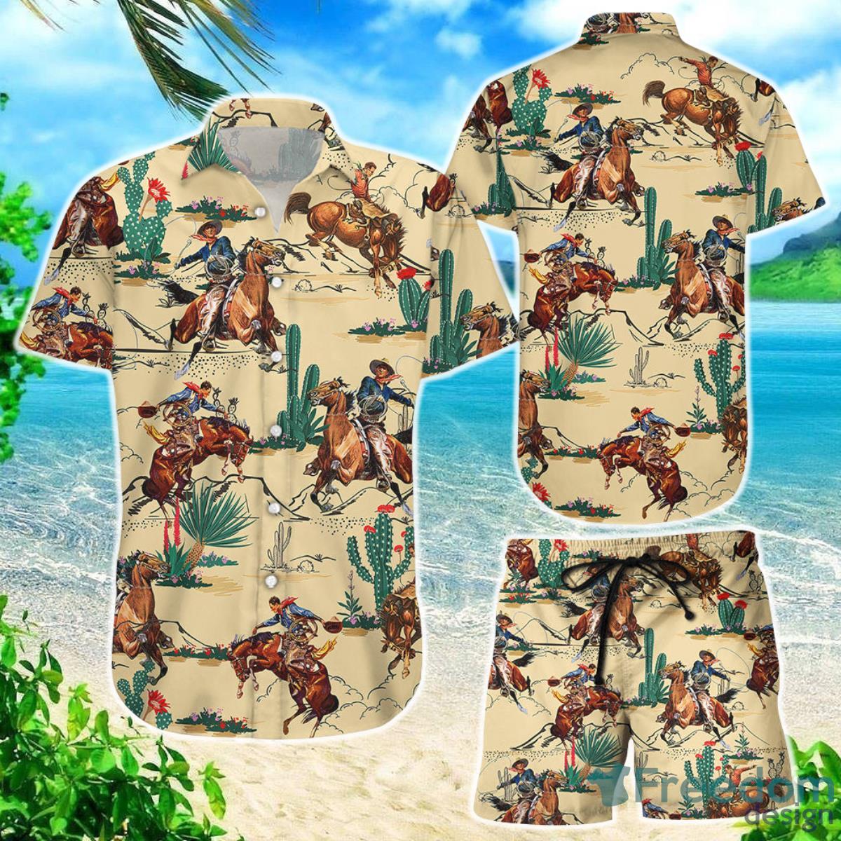 Cowboy Hawaiian Shirt Cowboy Riding Horses At Cactus Desert Hawaii Shirt Hawaii Gift Ideas Product Photo 1