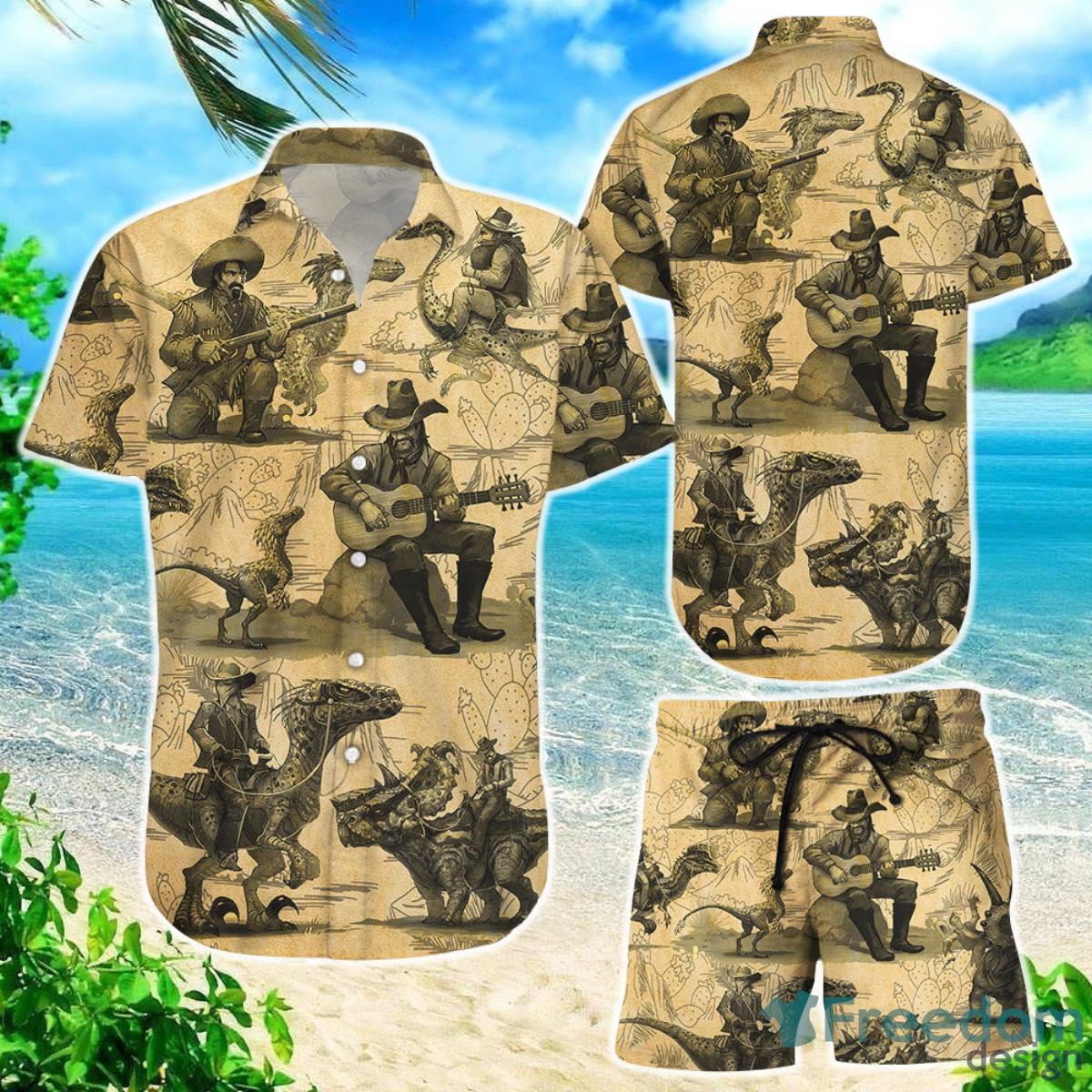 Cowboy Hawaiian Shirt Guitar Cowboy And Dinosaurs Of The Wild Hawaii Shirt Beach Inspired Gifts Product Photo 1