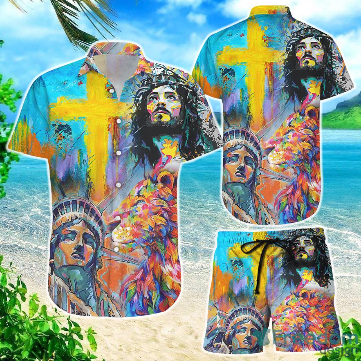 Cross Color Shirts Colorful Statue Of Liberty With Cross Hawaiian Shirt Christian Gifts For Men Product Photo 1