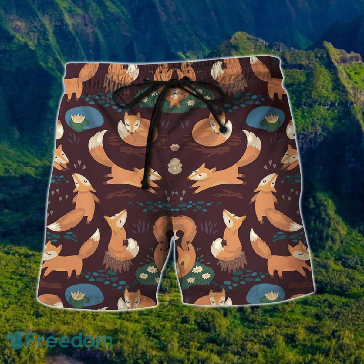 Cute Orange Fox Activities Pattern Print Hawaii Shirt And Short For Men And Women Product Photo 2