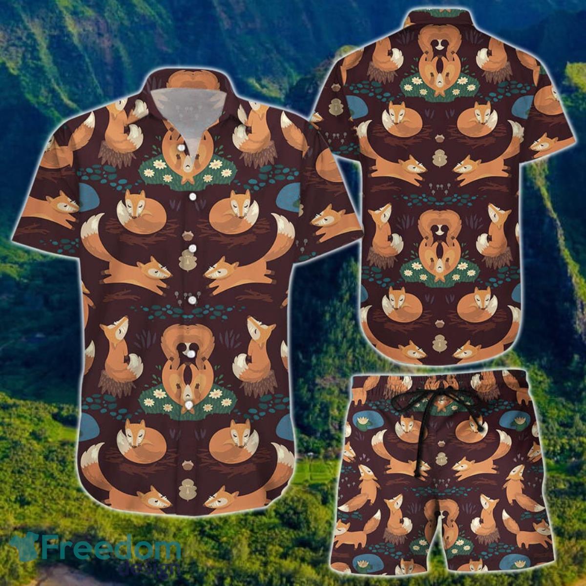 Cute Orange Fox Activities Pattern Print Hawaii Shirt And Short For Men And Women Product Photo 1