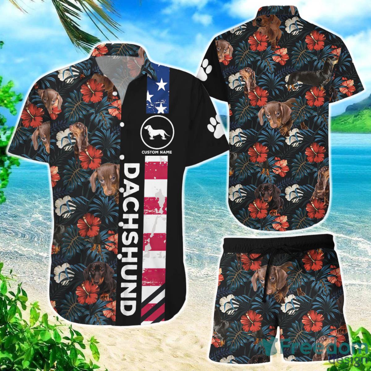 Dachshund American Hawaiian Shirts Cute Dog With Flag And Tropical Flowers Shirts Best Gift For Summer Product Photo 1