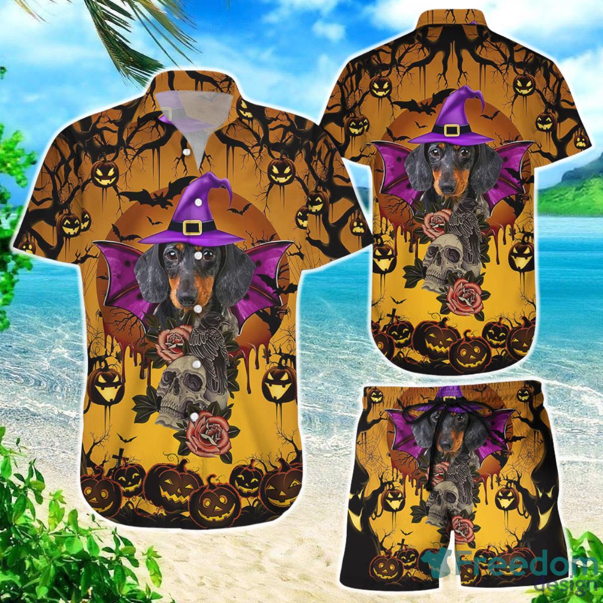 Dachshund Print Hawaiian Shirt Dachshund Witch Pumpkin Halloween Funny Hawaii Shirt Dachshund Dad Gifts Product Photo 1