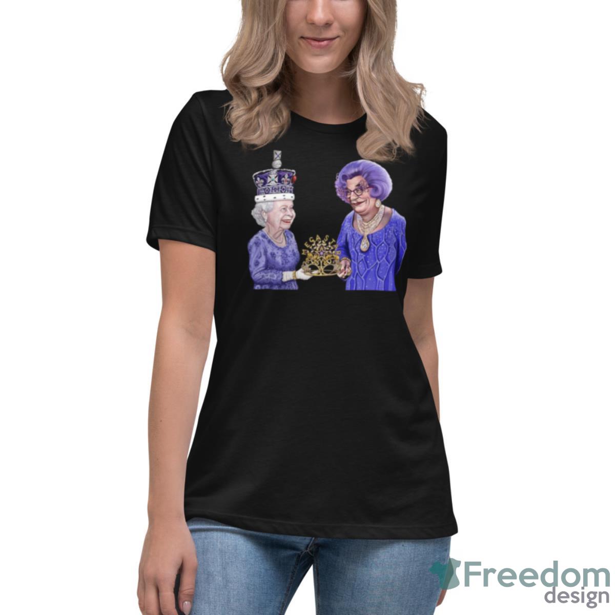 Dame Edna Everage And Queen Elizabeth Ii By James Brennan Shirt - Womens Relaxed Short Sleeve Jersey Tee Dame Edna Everage And Queen Elizabeth Ii By James Brennan Shirt - Womens Relaxed Short Sleeve Jersey Tee