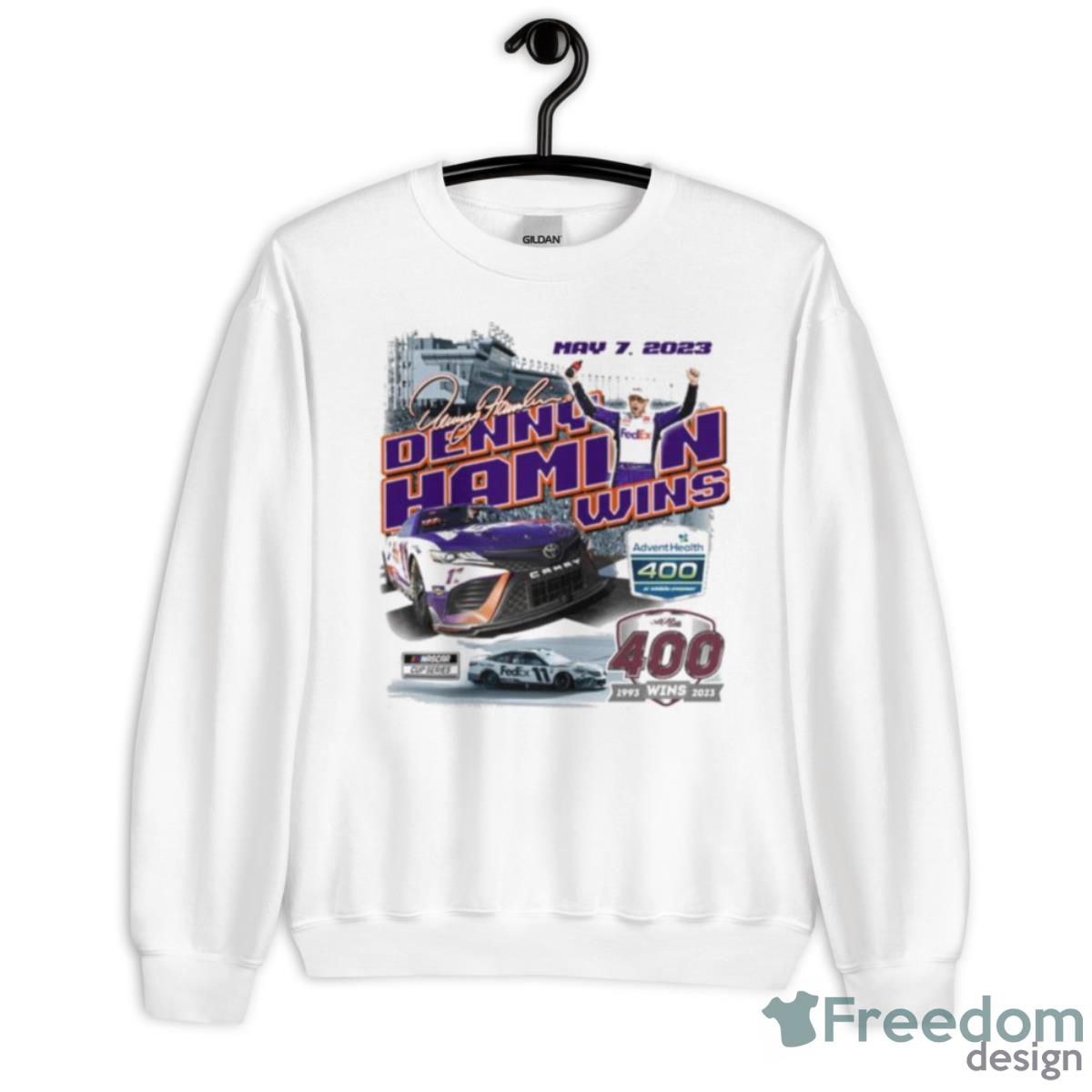 Denny Hamlin Checkered Flag Sports 2023 AdventHealth 400 Race Winner T Shirt - Unisex Heavy Blend Crewneck Sweatshirt