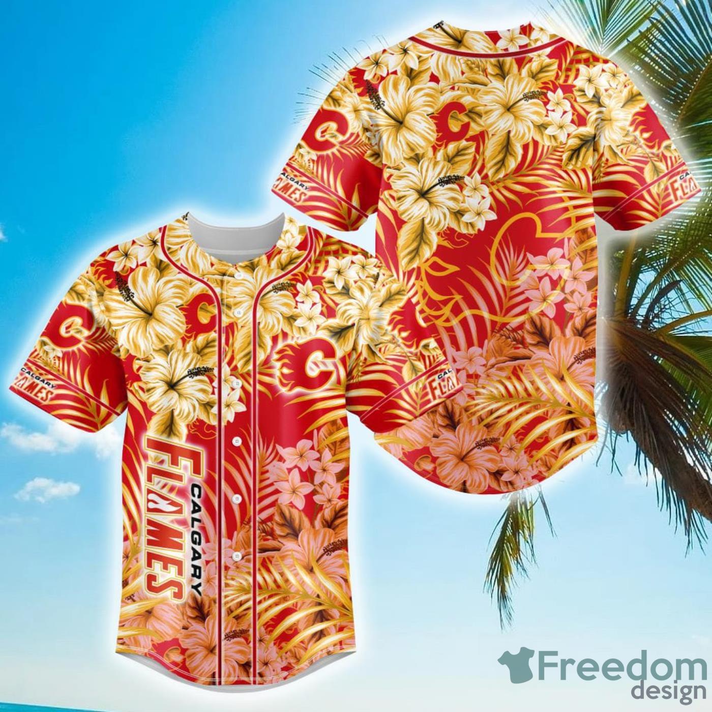 Floral NHL Calgary Flames Hawaiian Design Baseball Jersey For Men And Women Product Photo 1