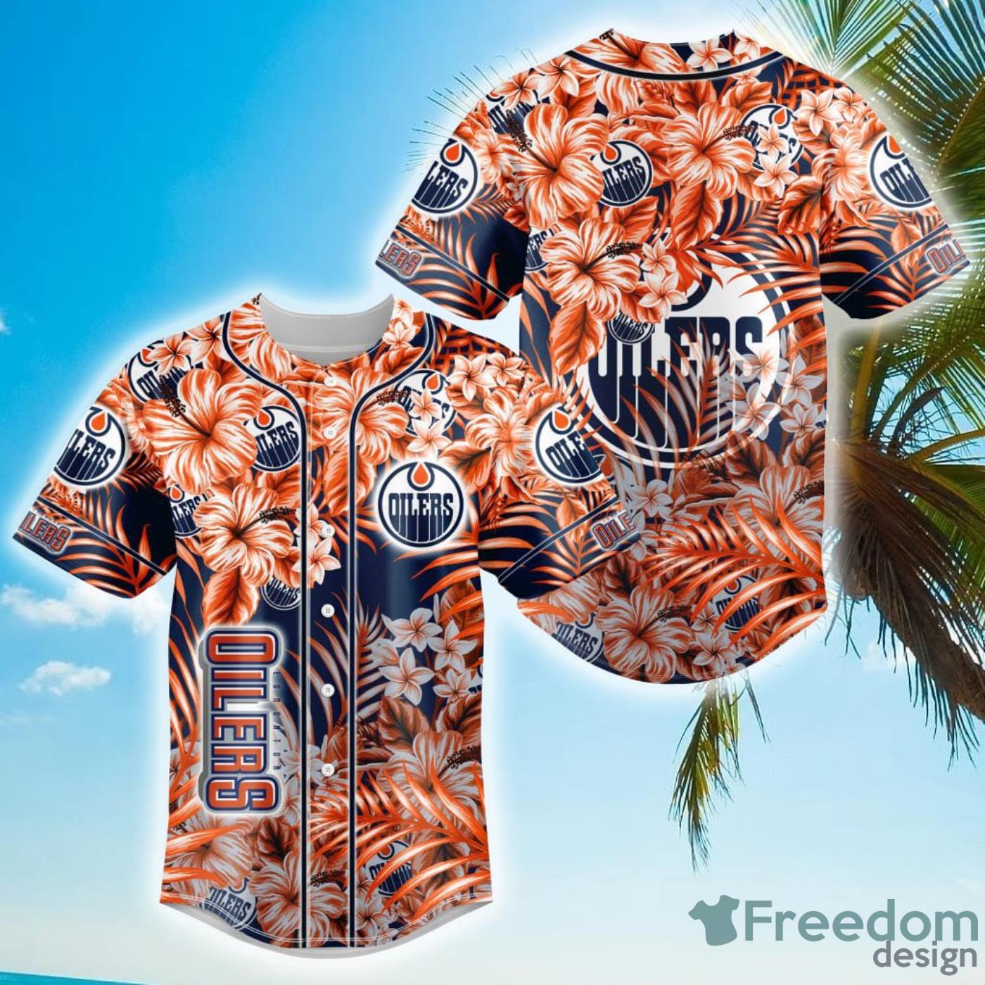 Floral NHL Edmonton Oilers Hawaiian Design Baseball Jersey For Men And Women Product Photo 1