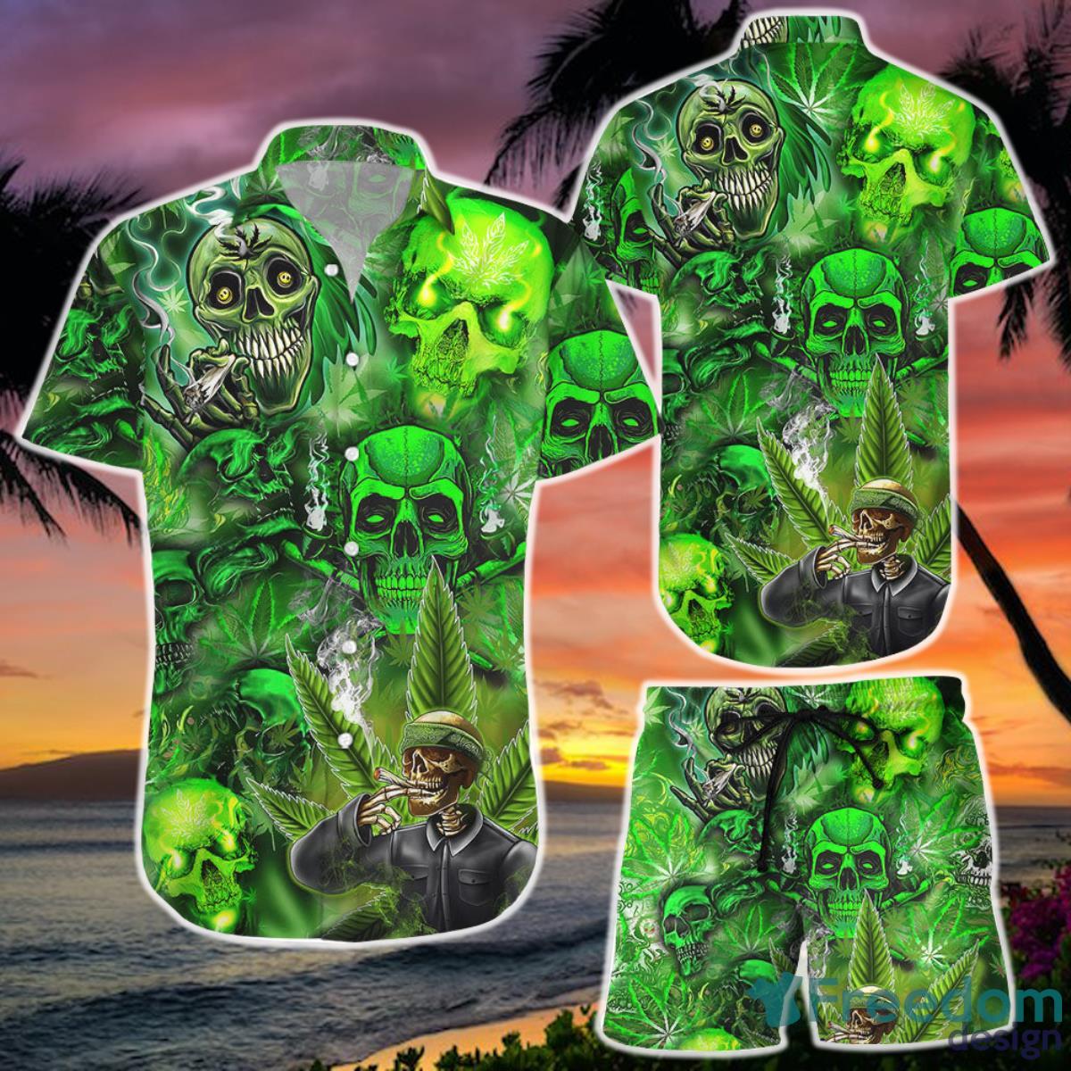 Funny Green Skull Smoking Button Down Hawaiian Skull Shirt  and Short Skull Gifts For Men Product Photo 1