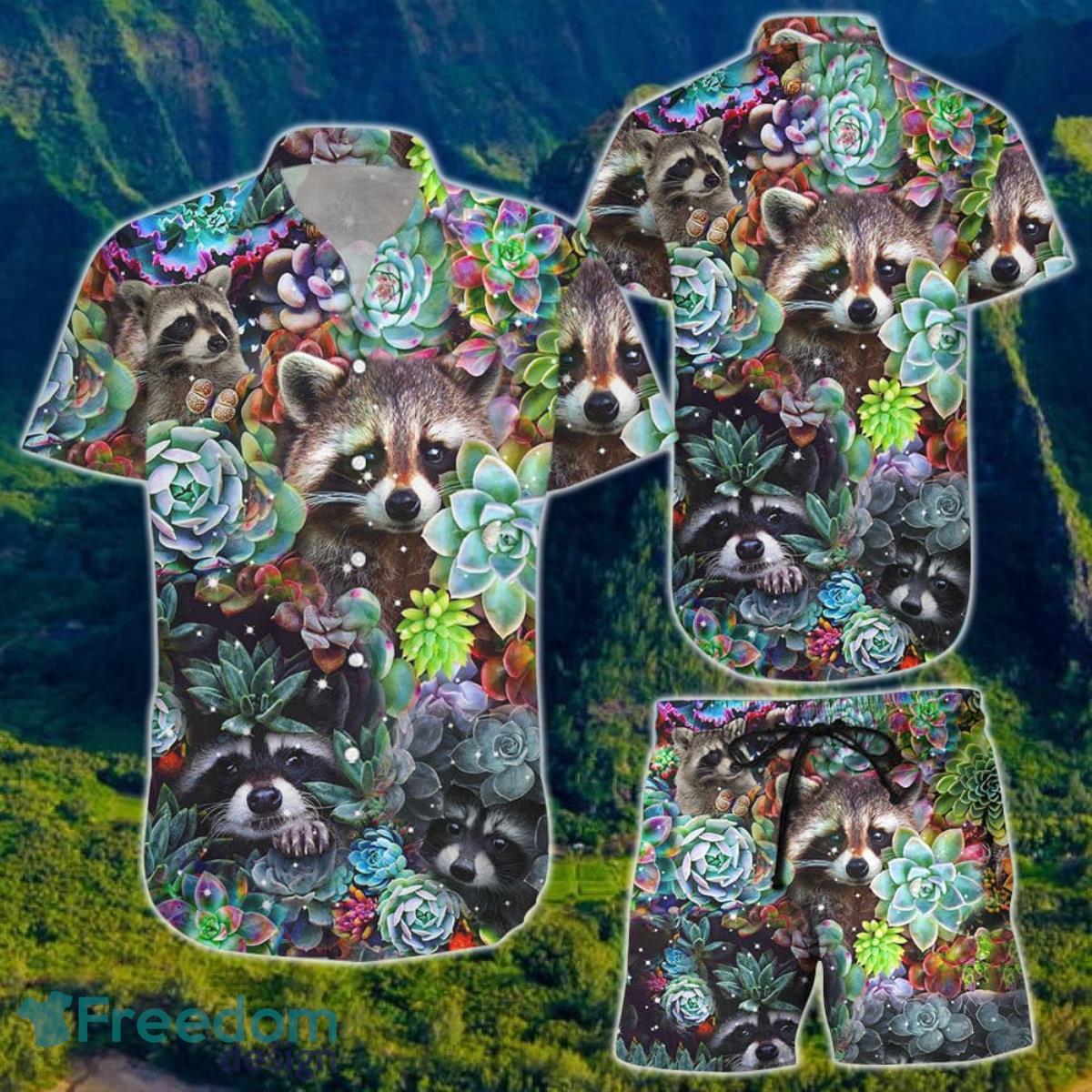 Funny Raccoon With Lotus Stone Hawaiian Shirt And Short For Men And Women Product Photo 1