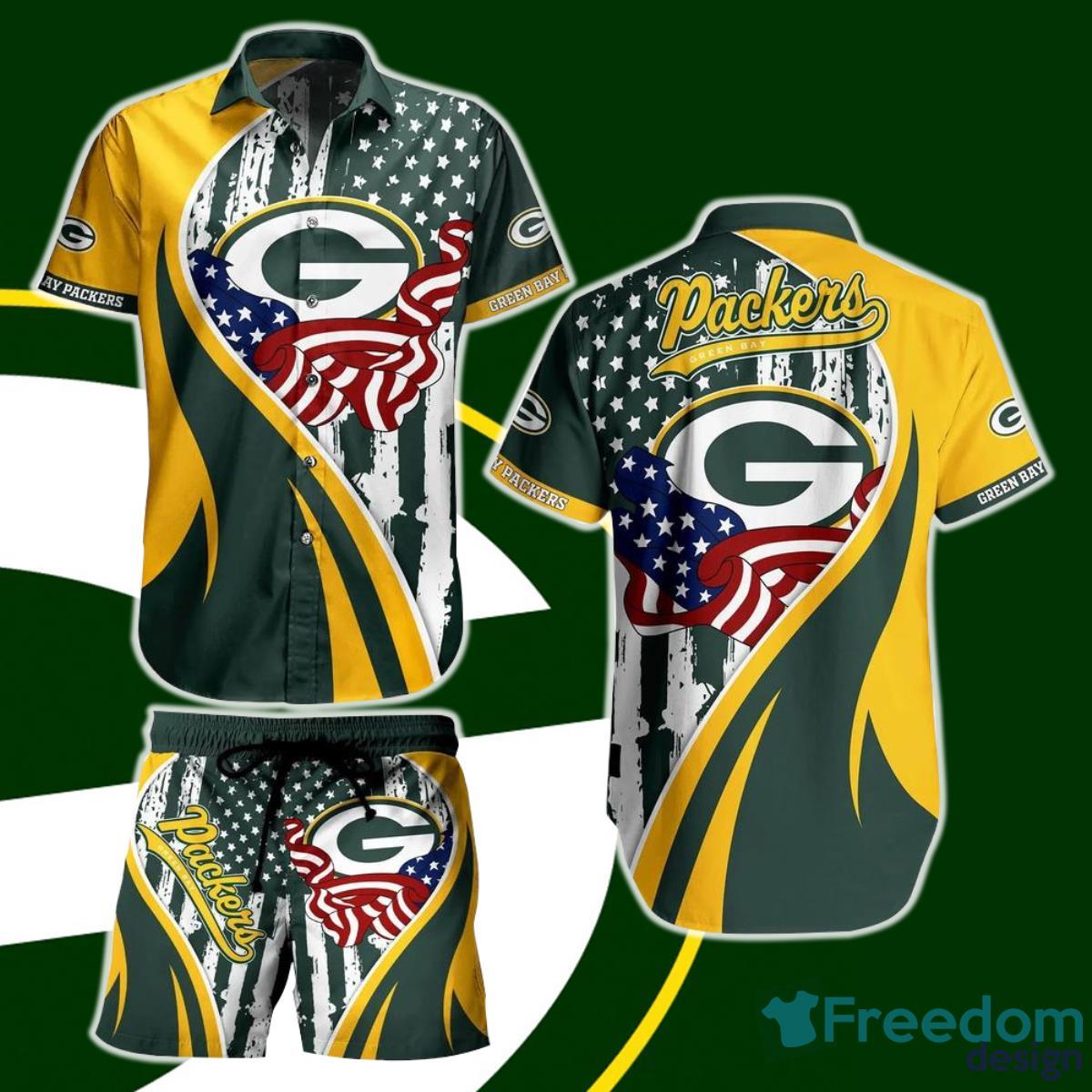 Green Bay Packers Nfl Hawaiian Shirt  and Short Vintage Us Flag Graphic Summer Product Photo 1