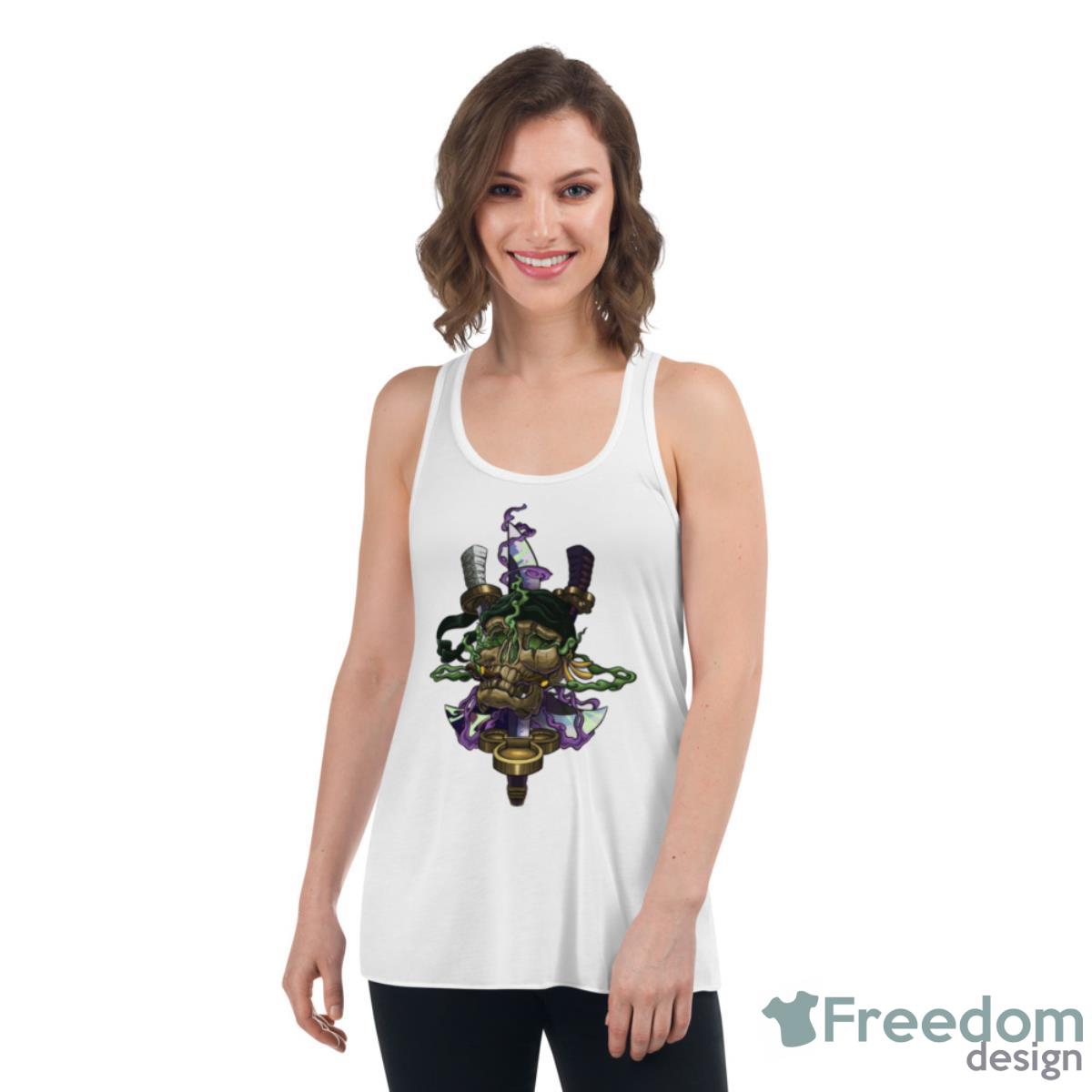 Green Smoke Zoro’s Jolly Roger One Piece Art Shirt - Womens Flowy Racerback Tank Green Smoke Zoro’s Jolly Roger One Piece Art Shirt - Womens Flowy Racerback Tank