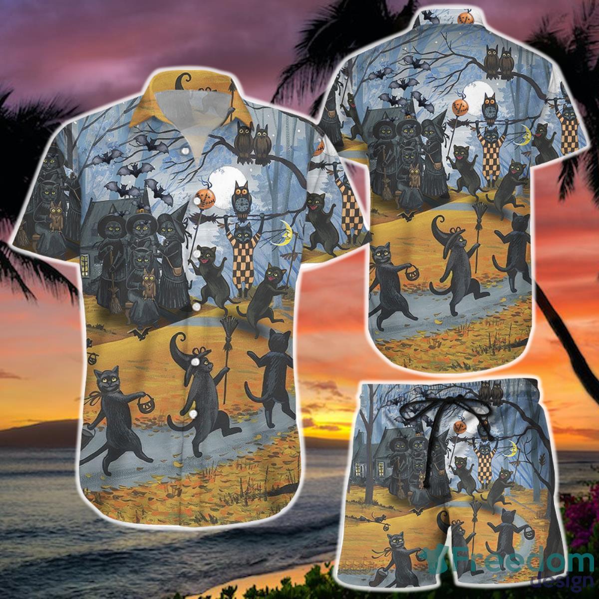 Halloween Hawaiian Shirt Cat Witch Trick Or Treat Halloween Hawaiian Shirt and Shorts Product Photo 1