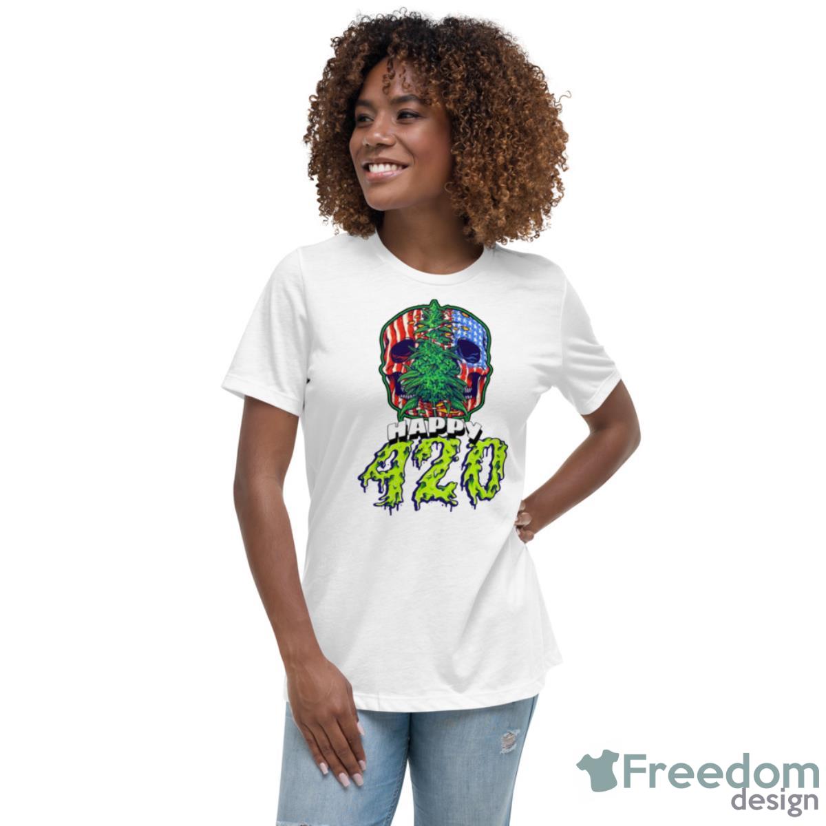 Happy 420 American Flag Skull And Plant Shirt - Womens Relaxed Short Sleeve Jersey Tee Happy 420 American Flag Skull And Plant Shirt - Womens Relaxed Short Sleeve Jersey Tee