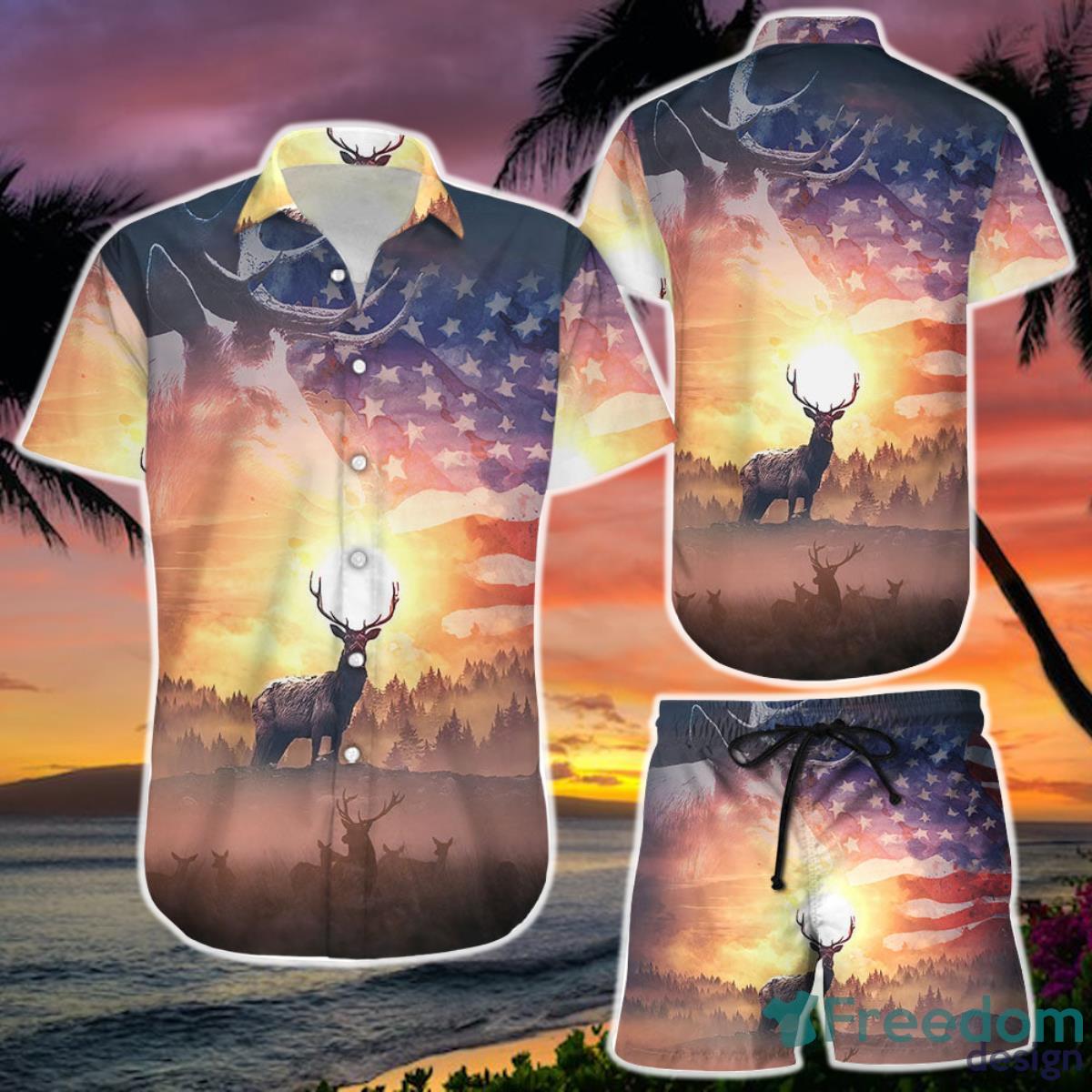 Hawaiian American Flag Shirt and Short Deer America Flag At Sunset Hawaii Shirt Deer Gift Ideas Product Photo 1