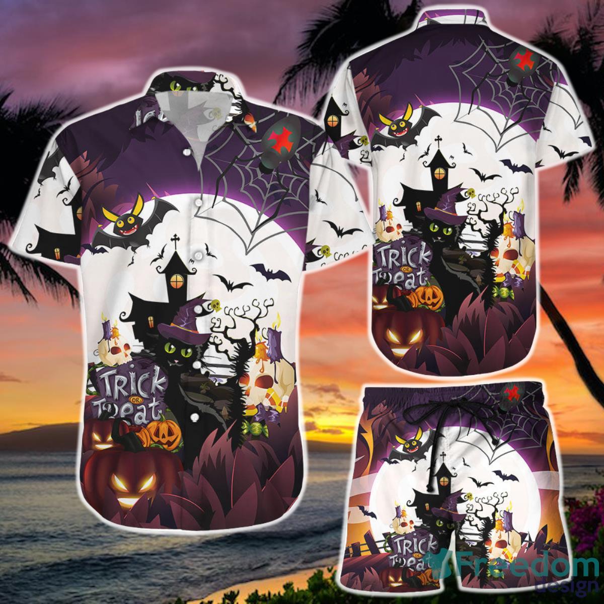 Hawaiian Halloween Shirts  and Short Cat Witch Pumpkin Treat Or Trick Castle Spider Bat Skull Halloween Gift Product Photo 1