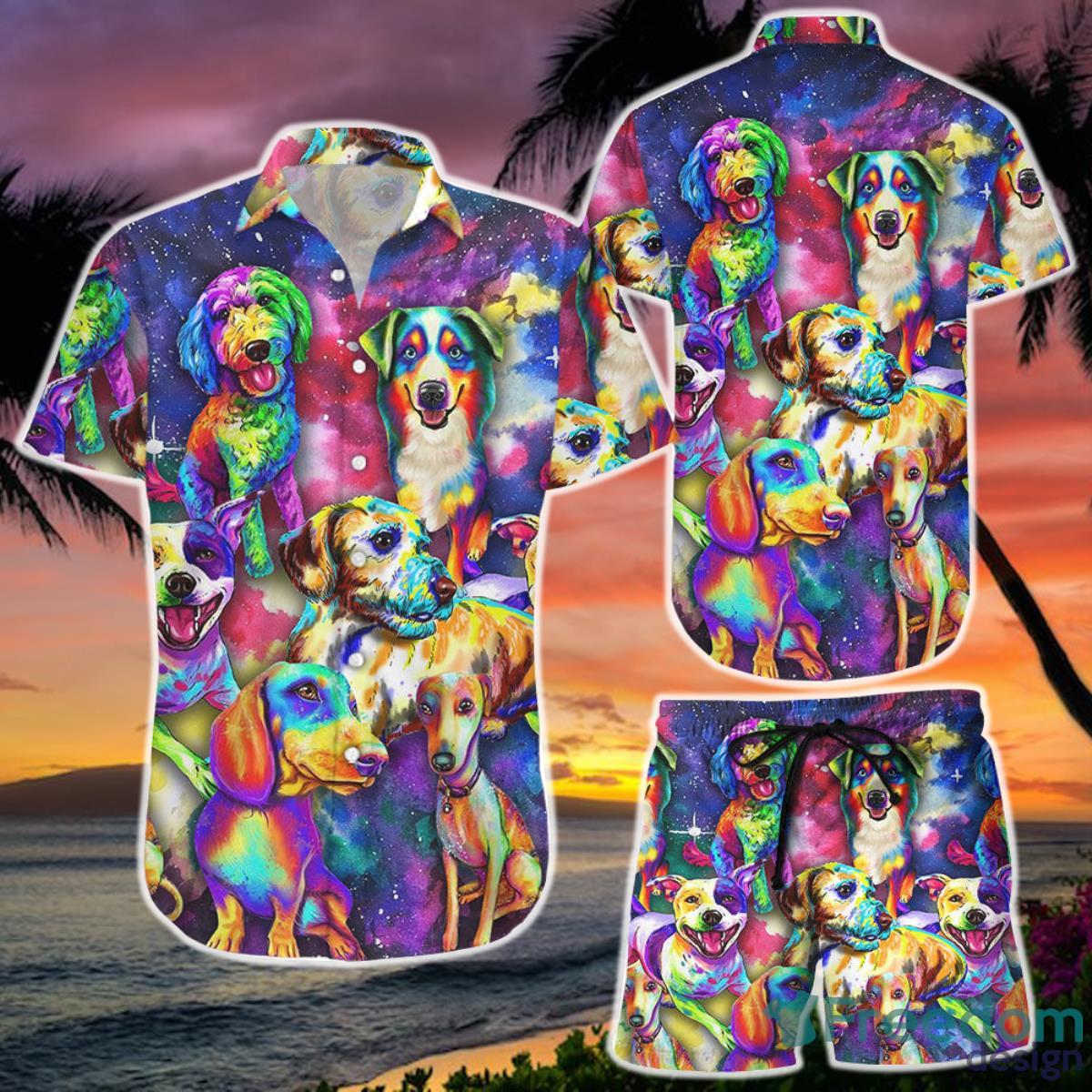 Hawaiian Shirt Dog Print Colorful Dogs Button Down Shirt  and Short Dog Owner Gifts For Women Product Photo 1