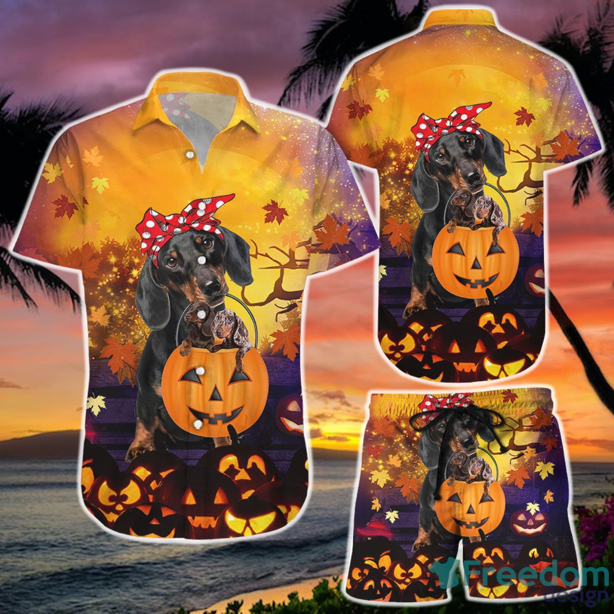 Hawaiian Shirts and Short  For Dachshunds Mom And Family Autumn Halloween Pumpkin Product Photo 1