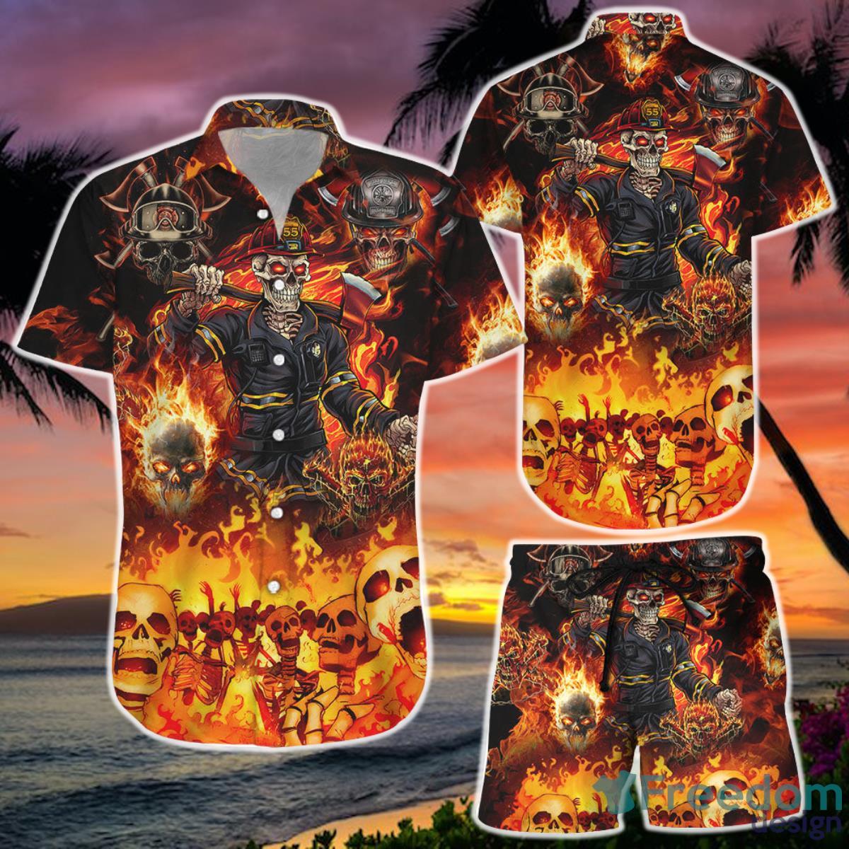 Hawaiian Skull Shirt and Short Firefighter Skull Button Down Shirt Gifts With Skulls On Them Product Photo 1