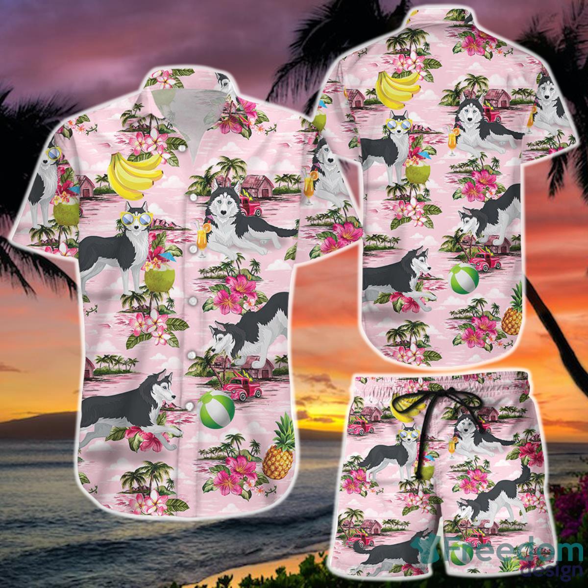 Husky Dog Flower Banana Coconut Hawaii Shirt and Short Gifts For Husky Lovers Product Photo 1