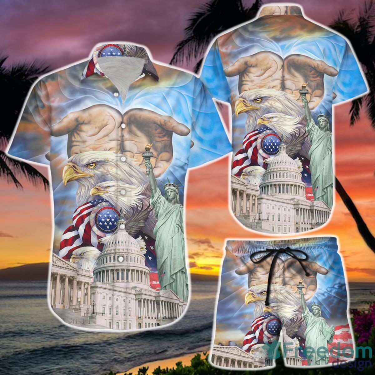 Independence Day Shirt Hand With American Flag Eagle Hawaii Shirt and Short Gifts For Men Product Photo 1