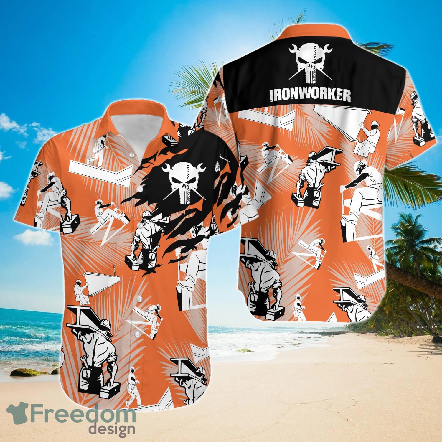 Ironworker Skull Orange Hawaiian Shirt Product Photo 1