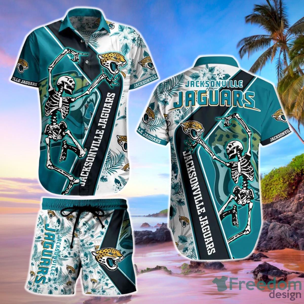 Jacksonville Jaguars Nfl Hawaiian Shirt And Short Sekeleton Design Hot Short Styles For Men Women Product Photo 1