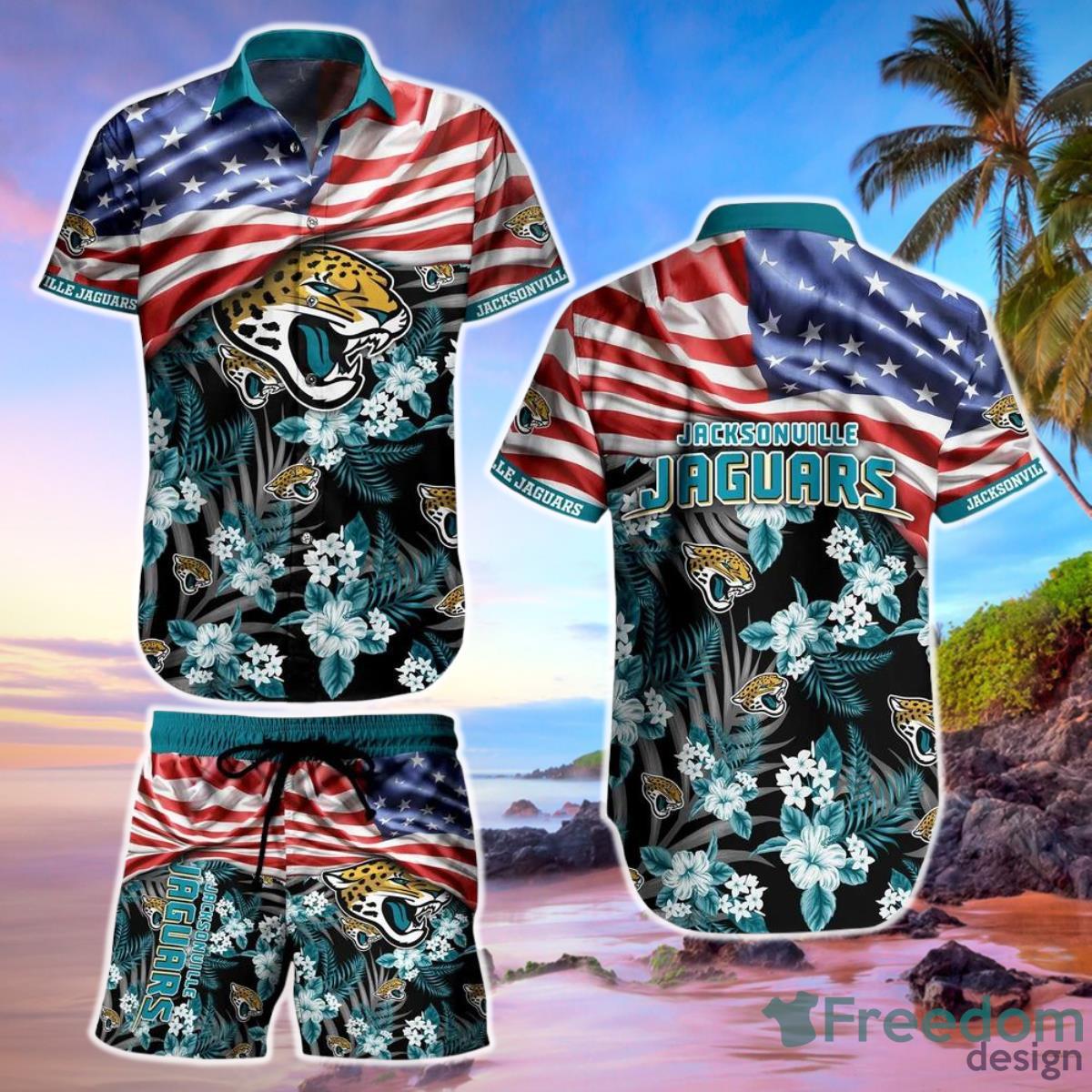 Jacksonville Jaguars Nfl Hawaiian Shirt And Short Summer Tropical Pattern Us Flag Best Gift For Sports Enthusiast Product Photo 1